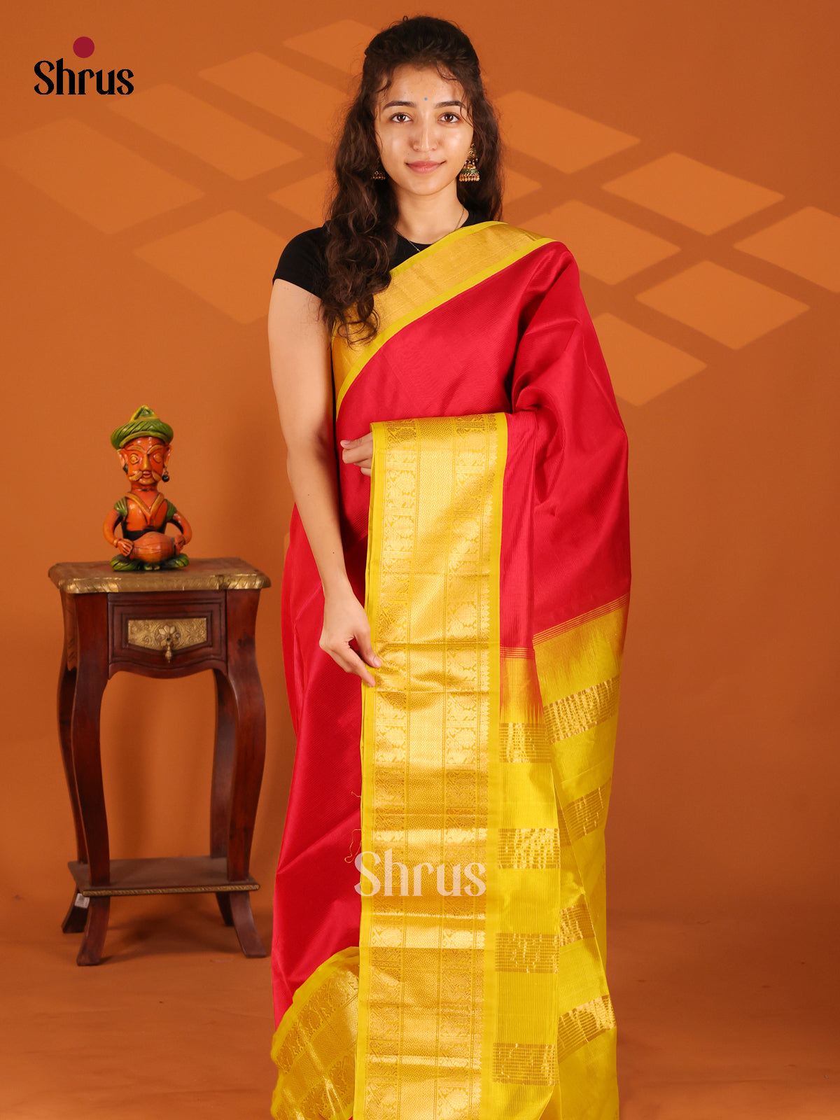 Red Silk Cotton Saree with Yellow Zari Border & Pallu - Shop on Shrus.com