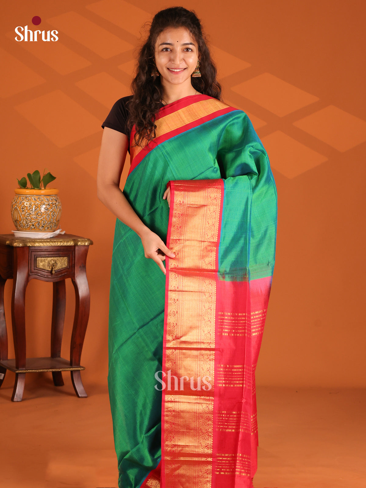 Green and Red korvai Silk Cotton Saree with zari peacock buttas border