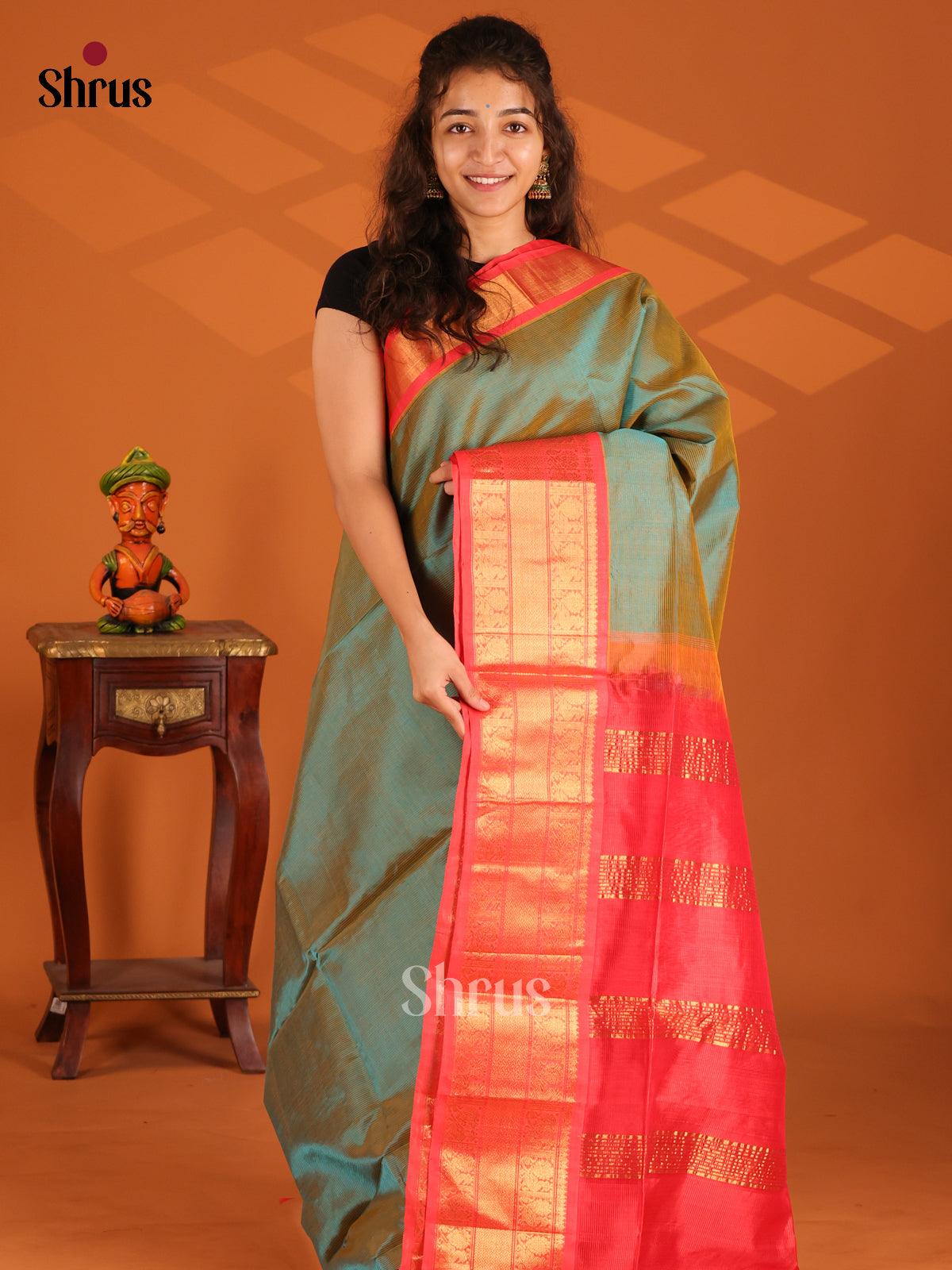 Timeless Teal Green korvai Silk Cotton Saree with Coral Zari Border