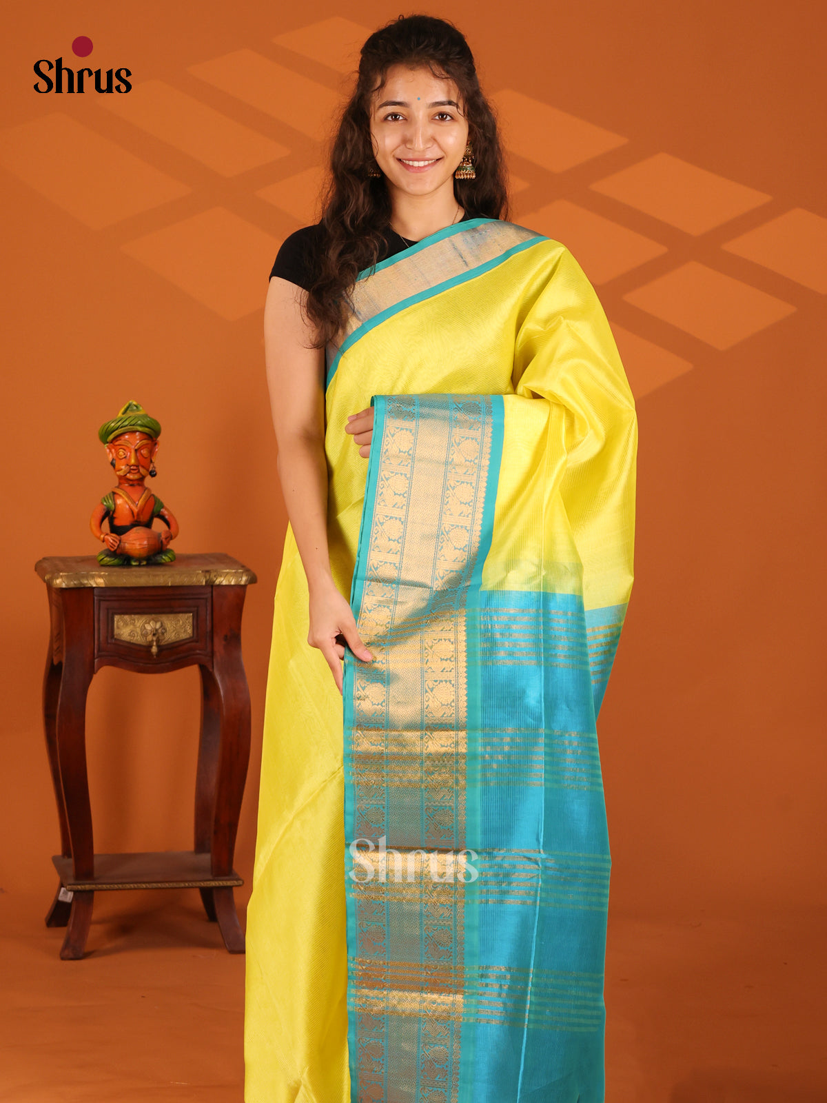 Enchanting Yellow Silk Cotton Saree with Aqua Blue Zari Pallu - Shop on Shrus.com