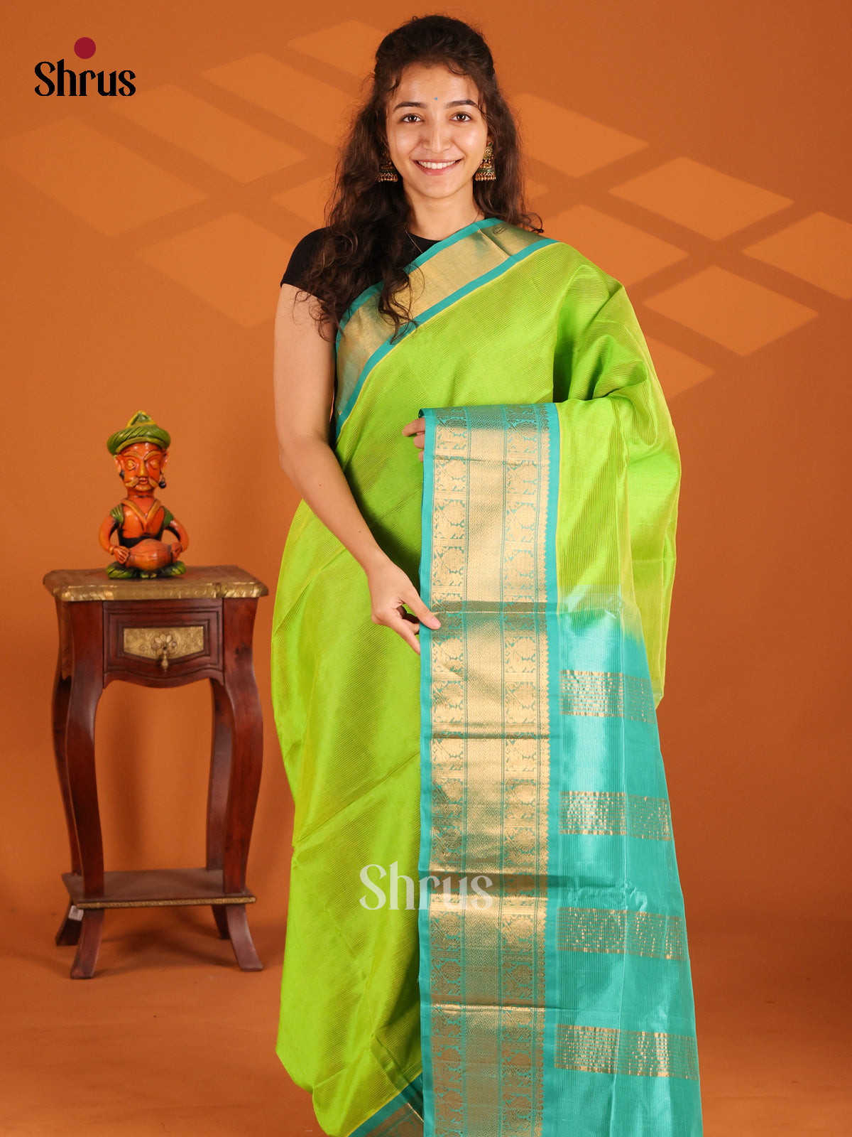 Parrot Green Silk Cotton Saree with Teal Zari Border & Brocade Pallu - Shop on Shrus.com