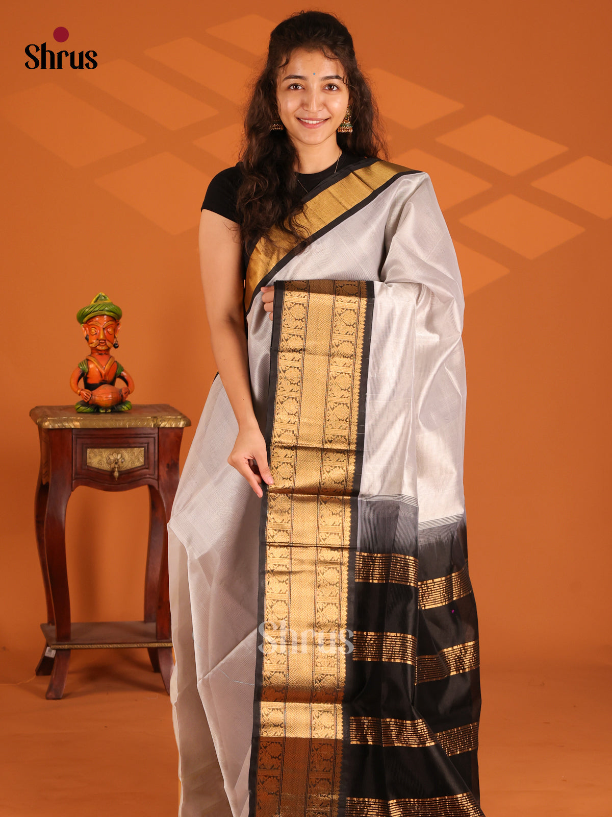 Stunning Grey & Black Silk Cotton Saree with zari woven peacock buttas - Shop on Shrus.com