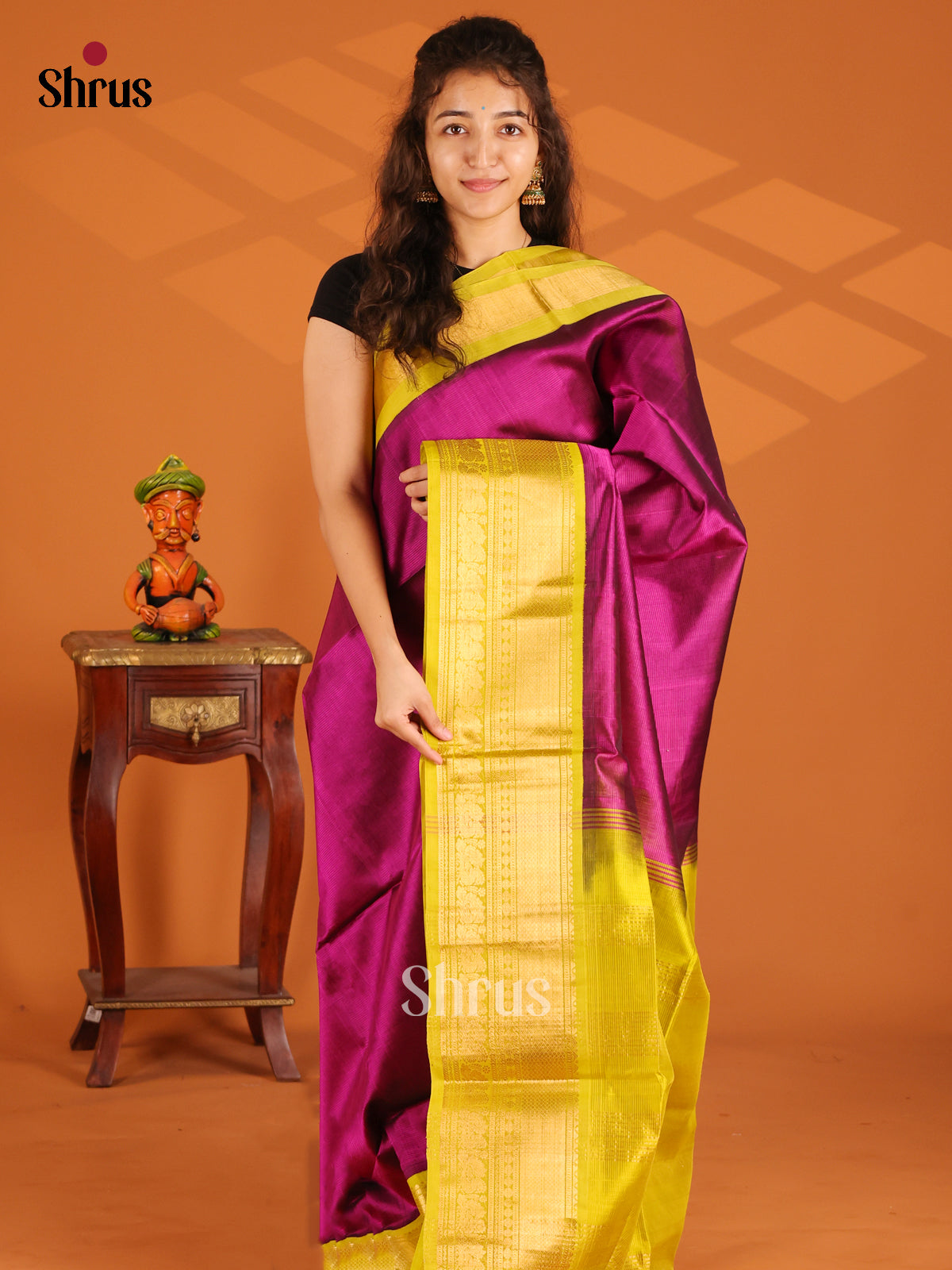 Exquisite Purple Silk Cotton Saree with rich zari peacock butta & mehandi Green border - Shop on Shrus.com