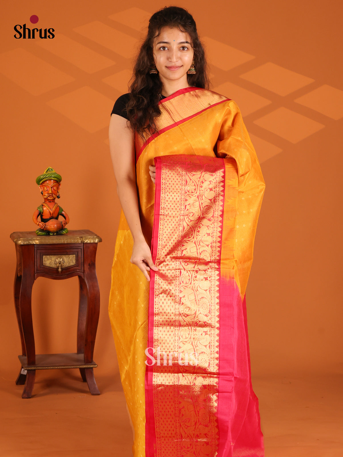 Bright Mustard Silk Cotton Saree with zari checks, buttas & rich kanchi border