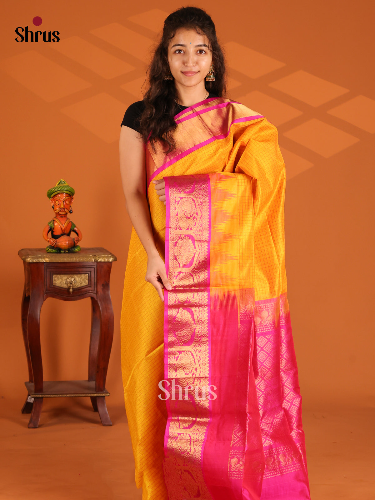Luminous Yellow Silk Cotton Saree with thread woven checks, rich contrast pallu - Shop on Shrus.com