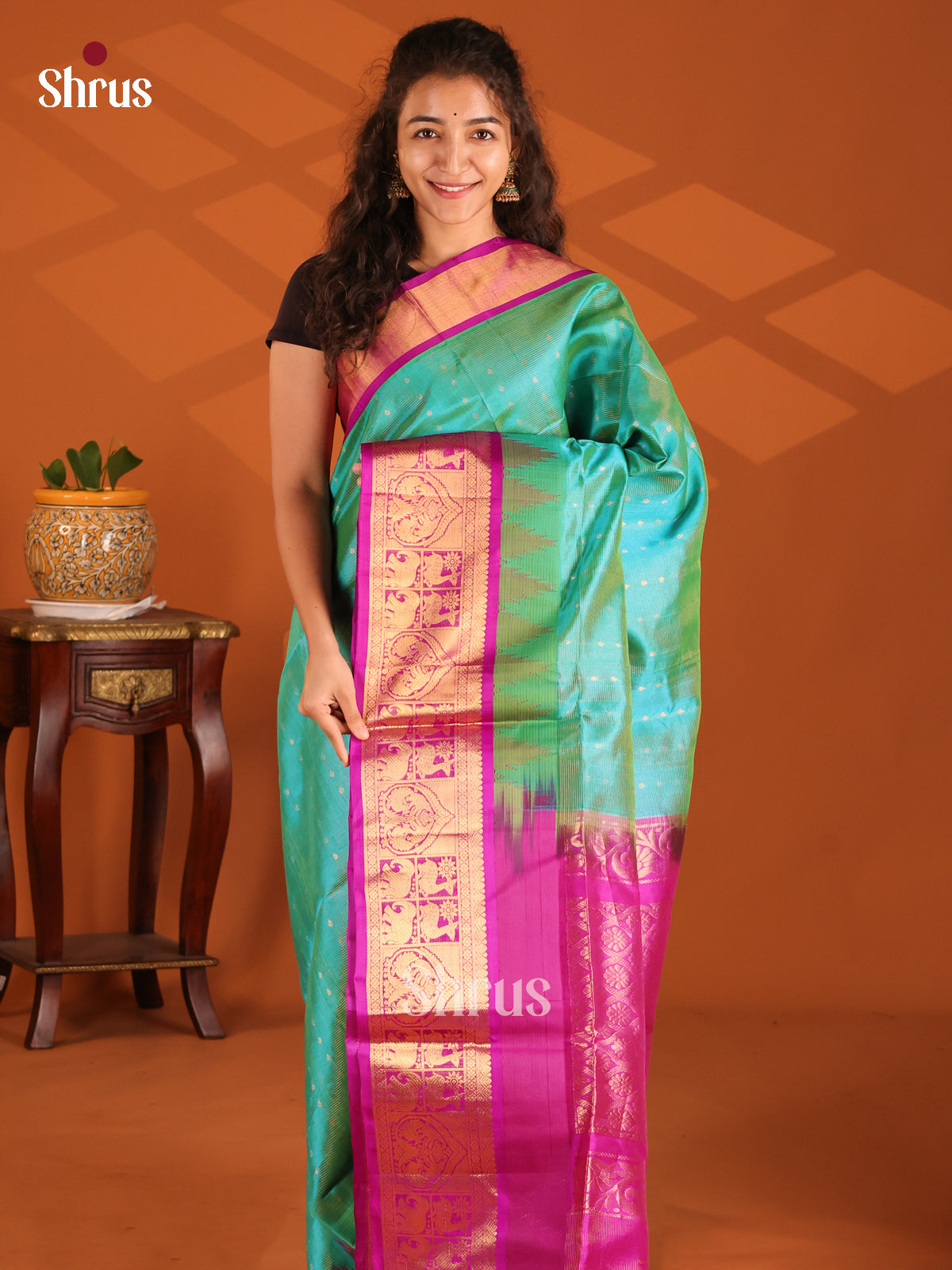 Fabulous Teal Silk Cotton Saree with zari checks, rich brocade border - Shop on Shrus.com
