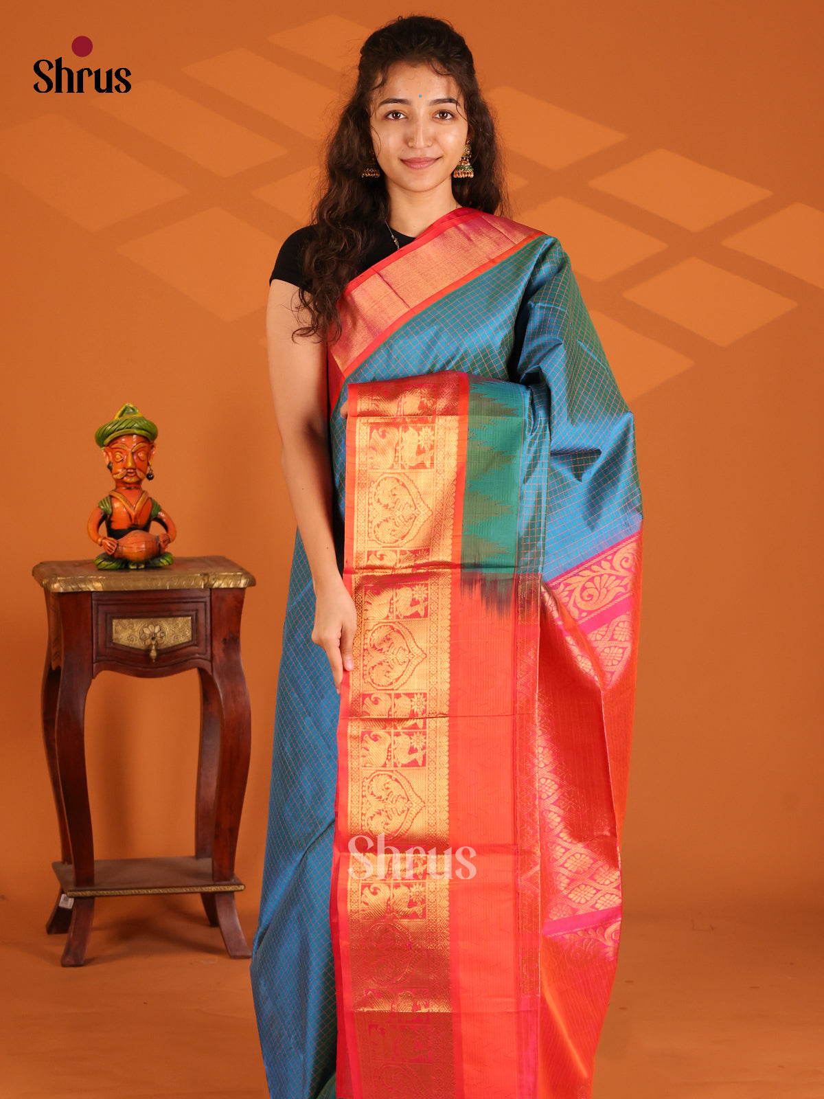 Vibrant Blue Silk Cotton Saree with thread woven checks & rich zari brocade border - Shop on Shrus.com