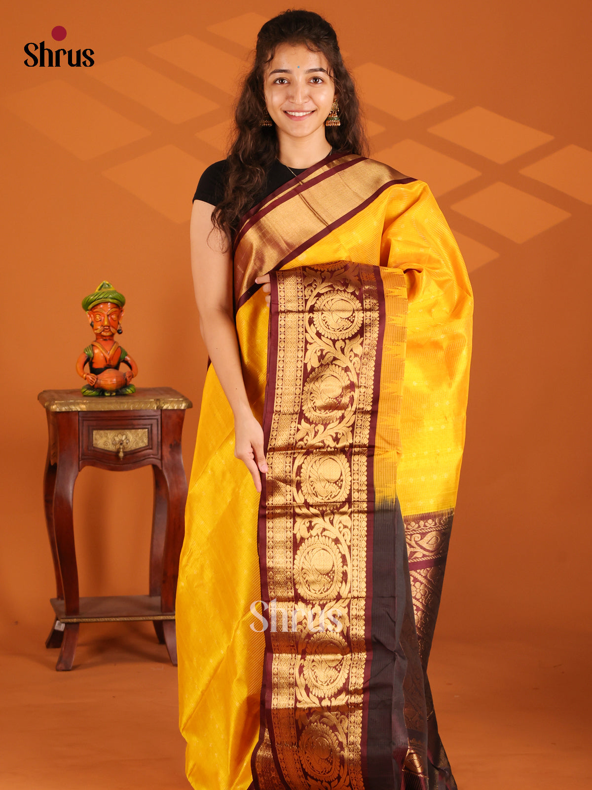 Majestic Yellow & brown Silk Cotton Saree with Zari Woven peacock & vines - Shop on Shrus.com
