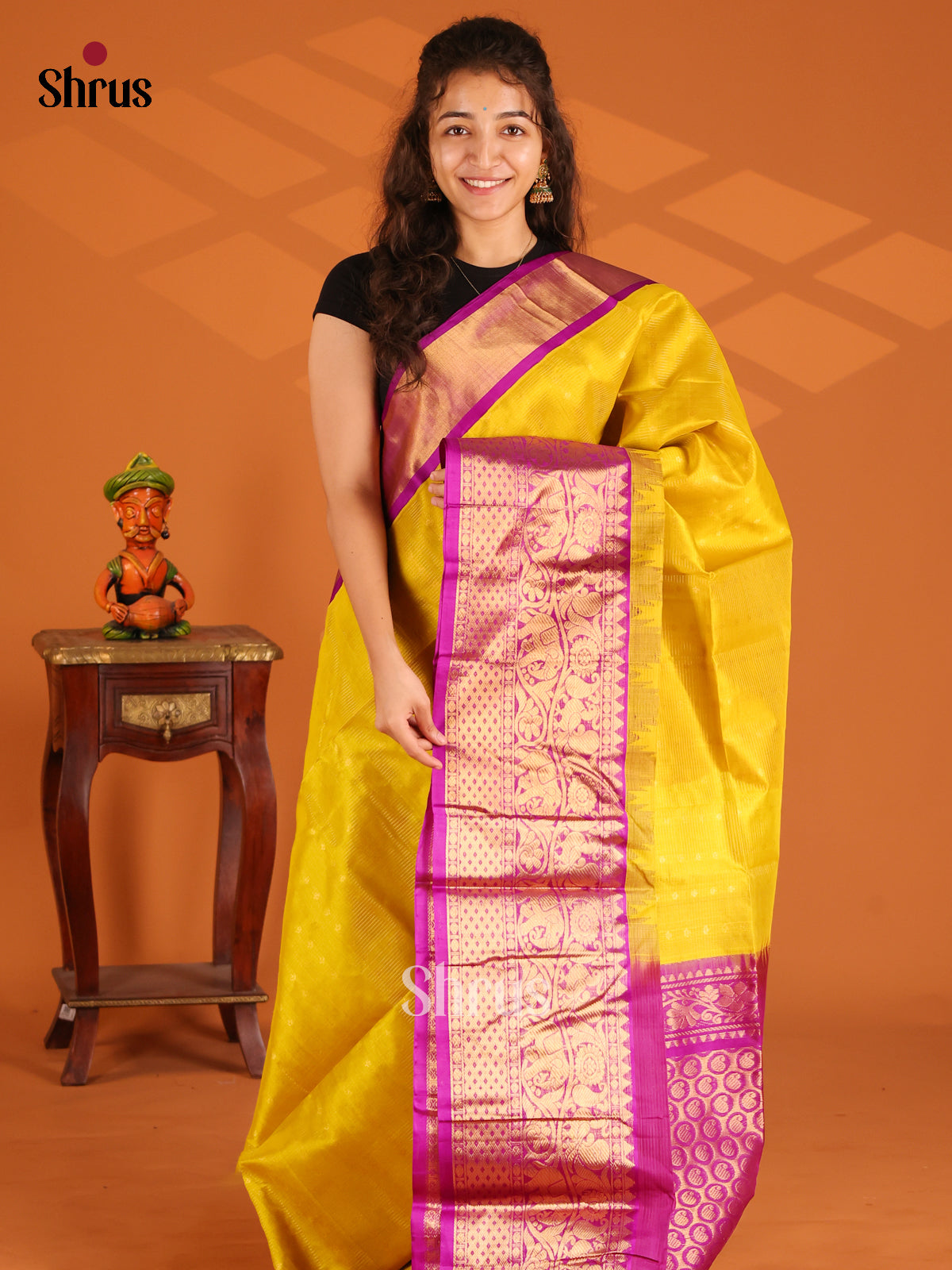 Glorious Yellow Silk Cotton Saree with Majenta elephant & peacock in floral vines border - Shop on Shrus.com