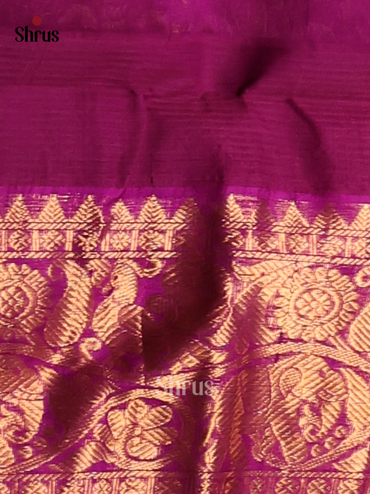 Glorious Yellow Silk Cotton Saree with Majenta elephant & peacock in floral vines border - Shop on Shrus.com