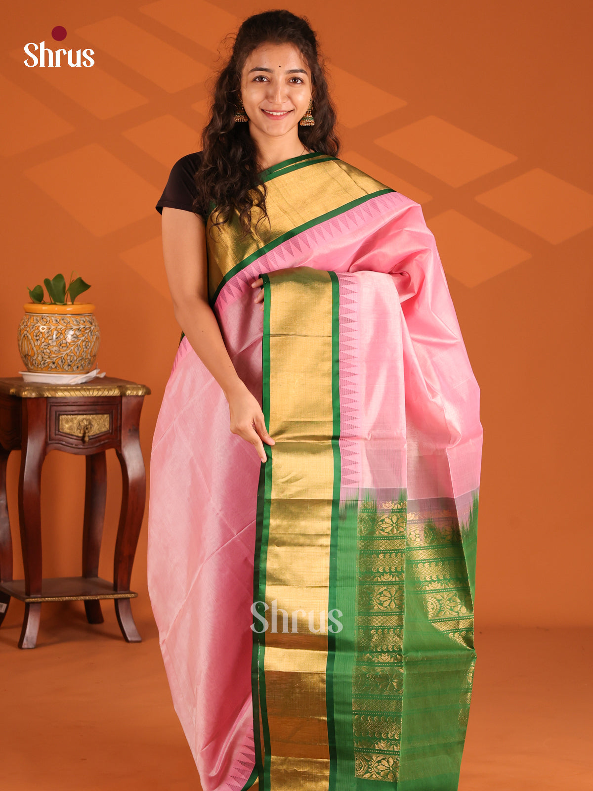 Regal Pink Silk Cotton Saree with gold zari Green brocade pallu - Shop on Shrus.com