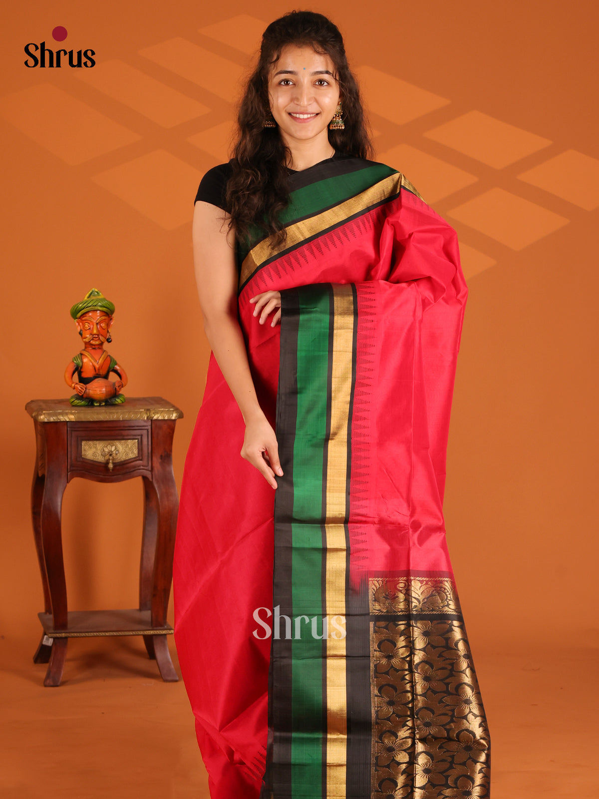 Classy Red with black floral brocade pallu Temple border silk cotton saree
