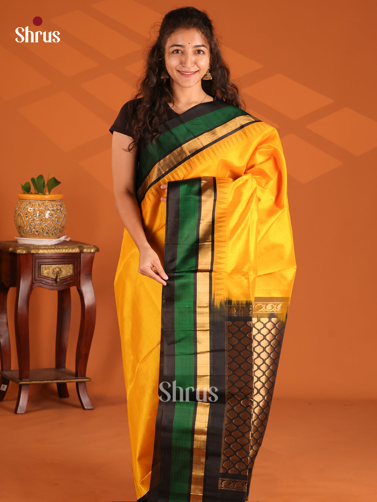 Bold Yellow Silk Cotton Saree with Black temple Border - Shop on Shrus.com