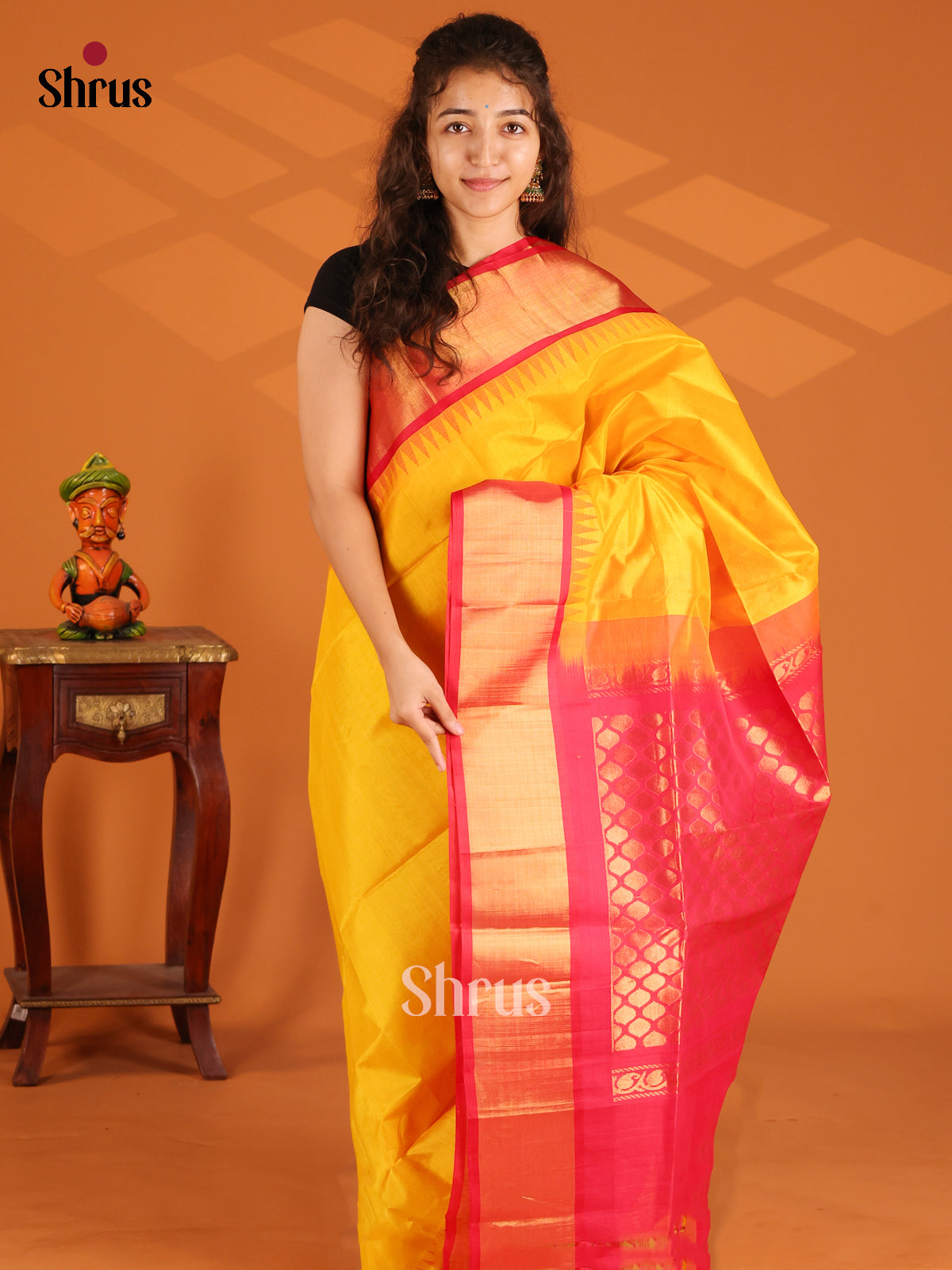 Bold Yellow with Red Zari brocade pallu Temple border silk cotton saree