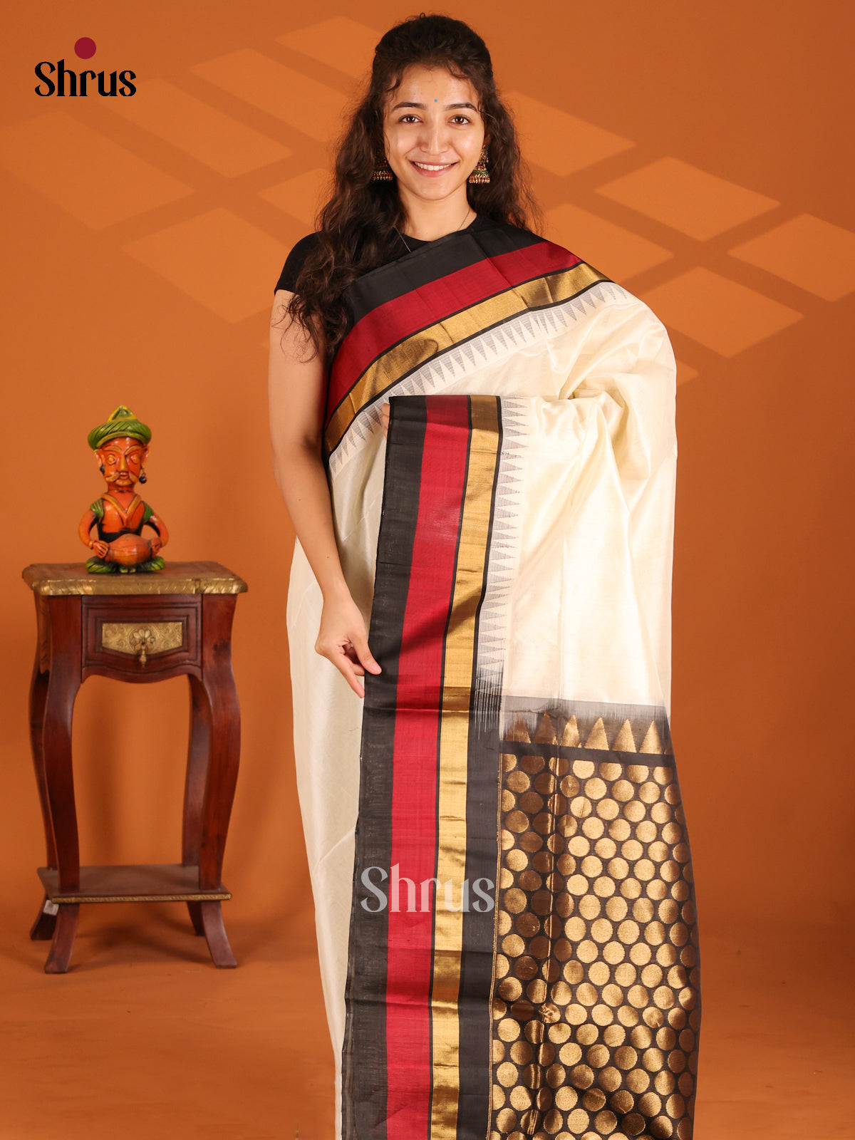 Cream & Black - Silk Cotton Saree - Shop on Shrus.com