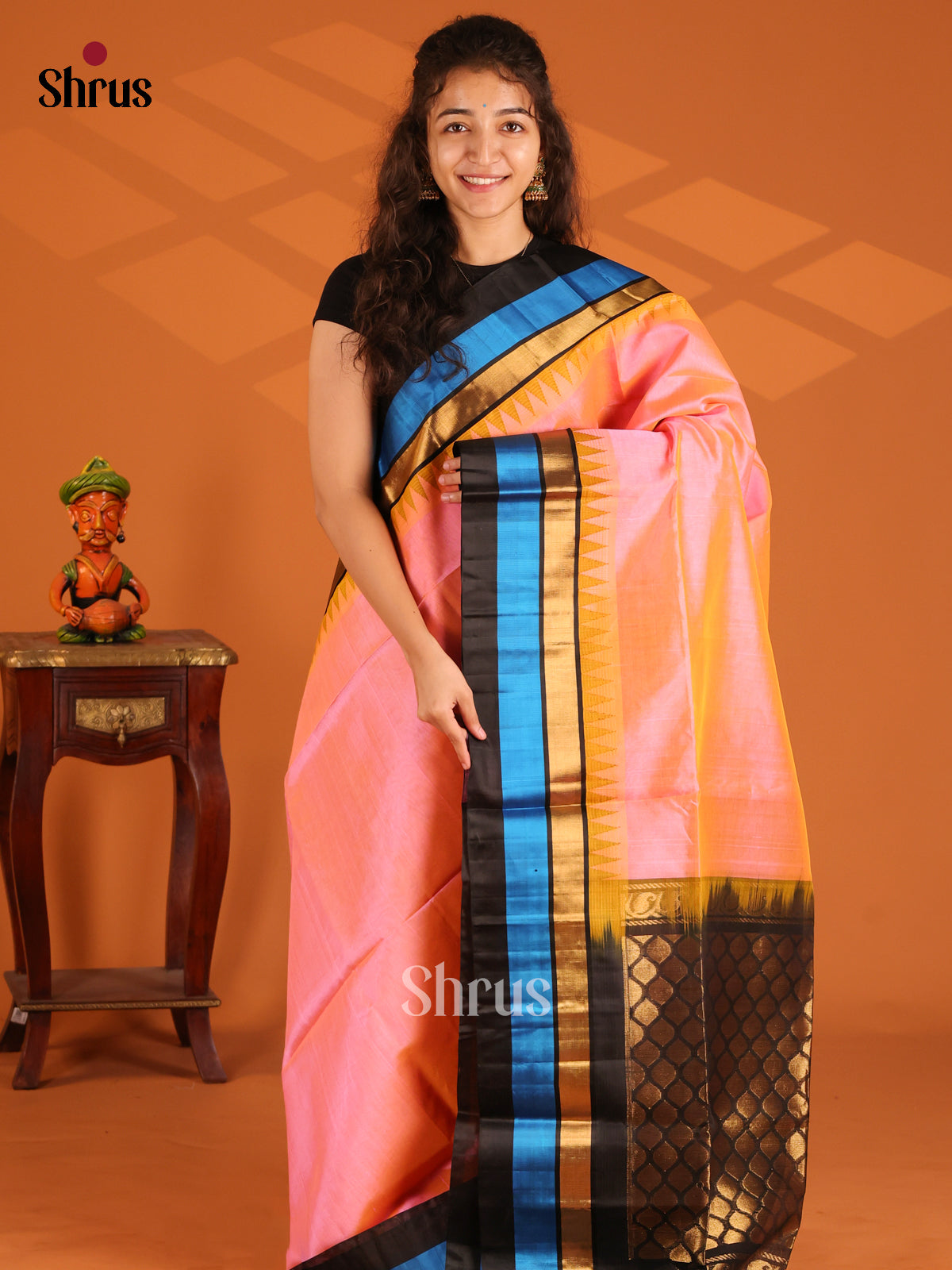 Enchanting Pink with black brocade pallu Temple border silk cotton saree