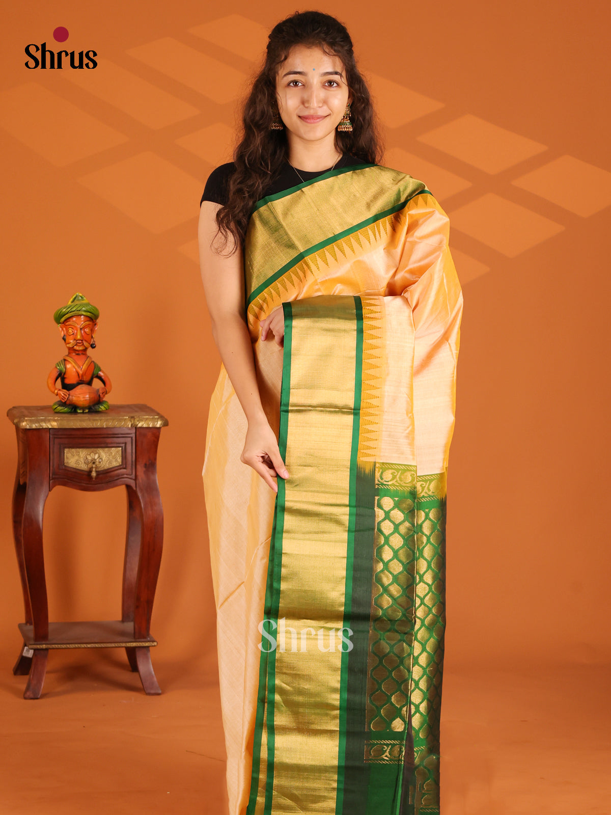 Stunning Sandal Silk Cotton Saree with butta brocade Green pallu - Shop on Shrus.com