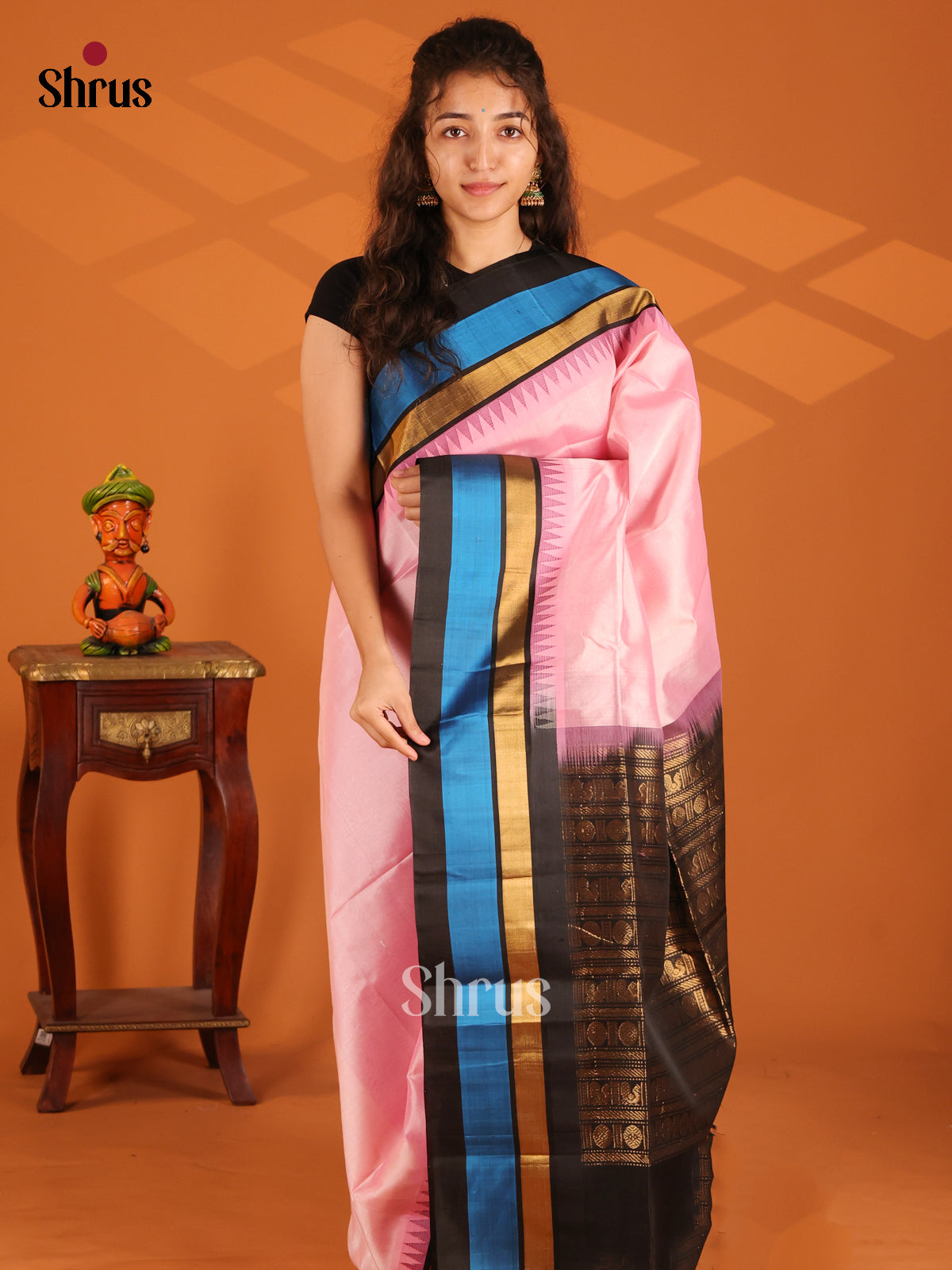 Chic Pink Silk Cotton Saree with peacock & chakra buttas in the pallu - Shop on Shrus.com
