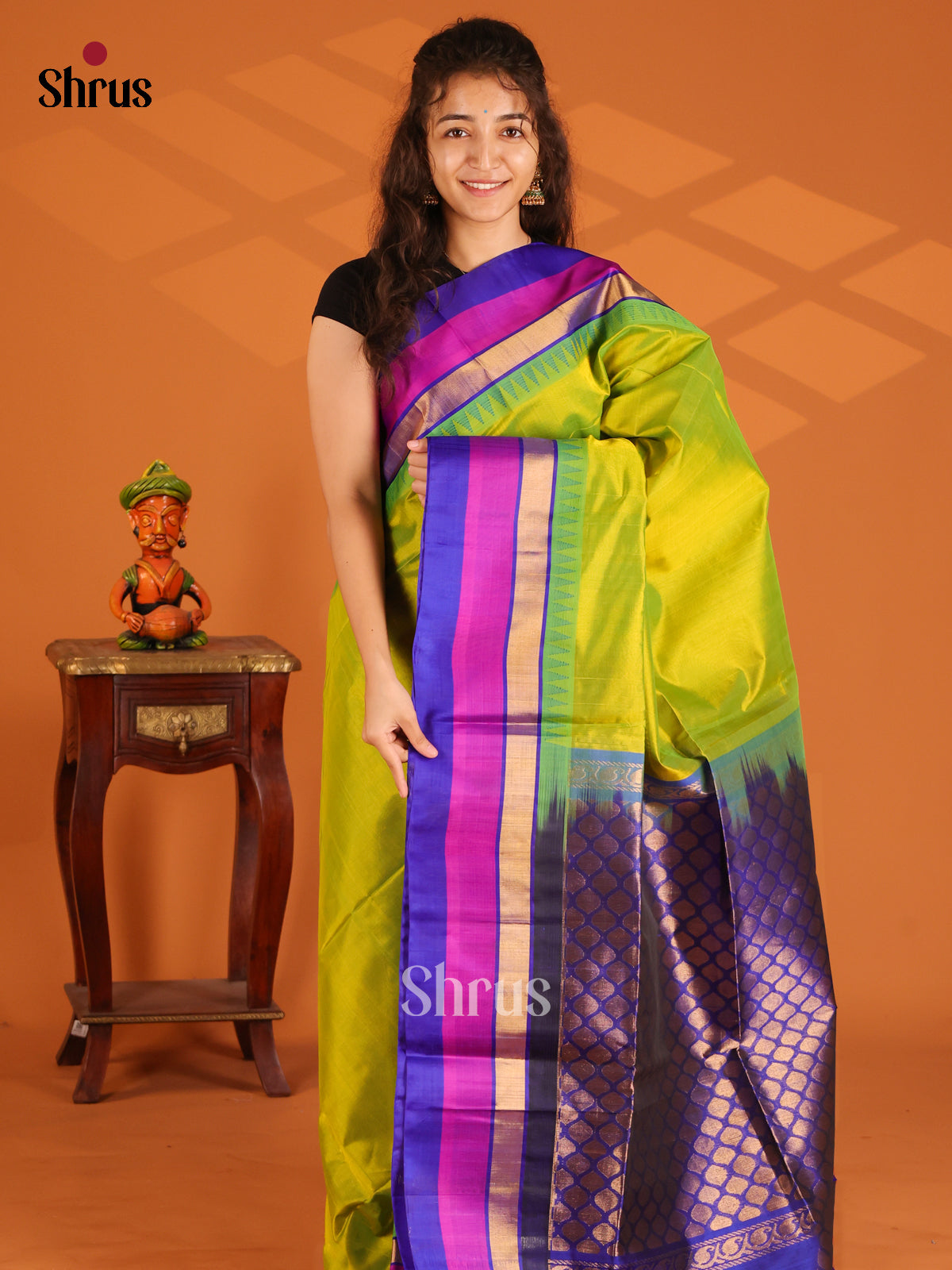 Timeless Parrot Green Silk Cotton Saree with contrast blue butta brocade - Shop on Shrus.com
