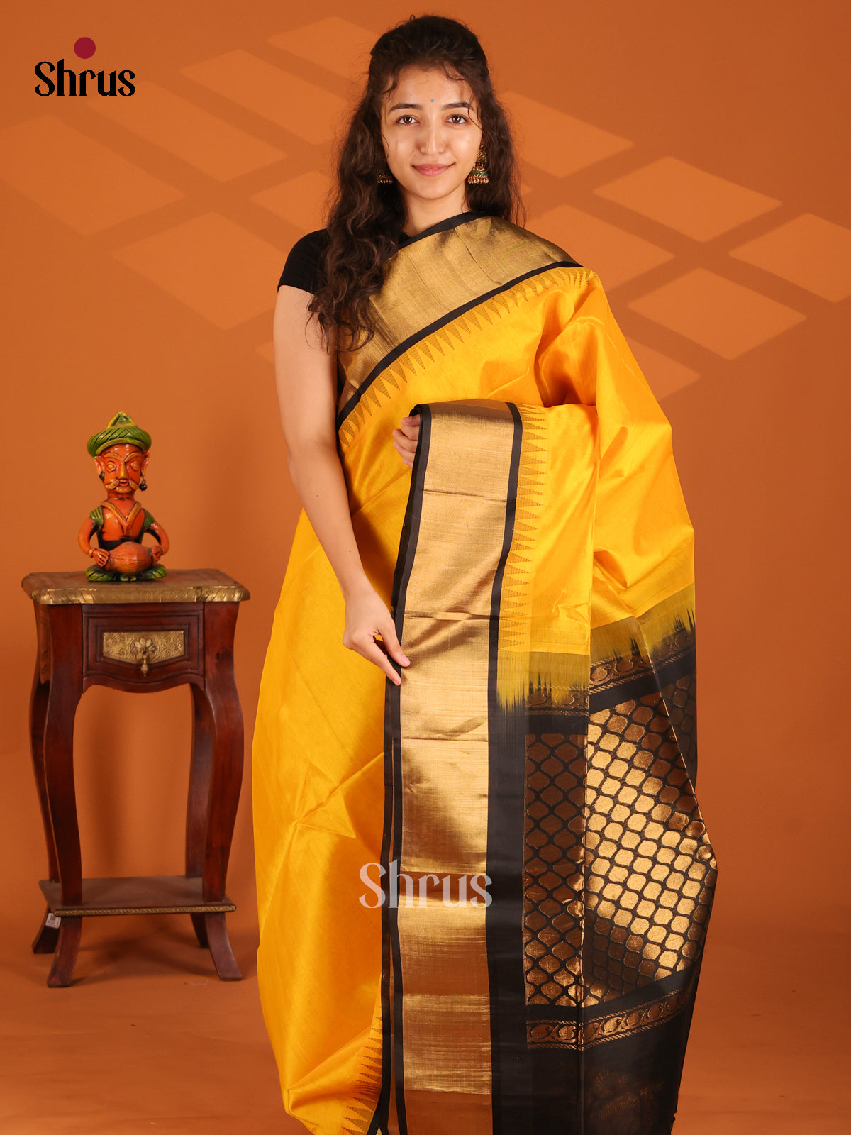 Radiant Yellow Silk Cotton Saree with black brocade pallu - Shop on Shrus.com