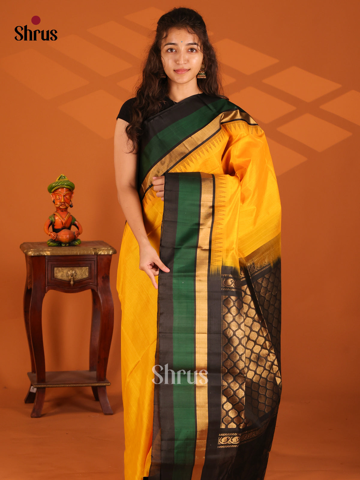 Luminous Yellow Silk Cotton Saree with black zari brocade pallu - Shop on Shrus.com
