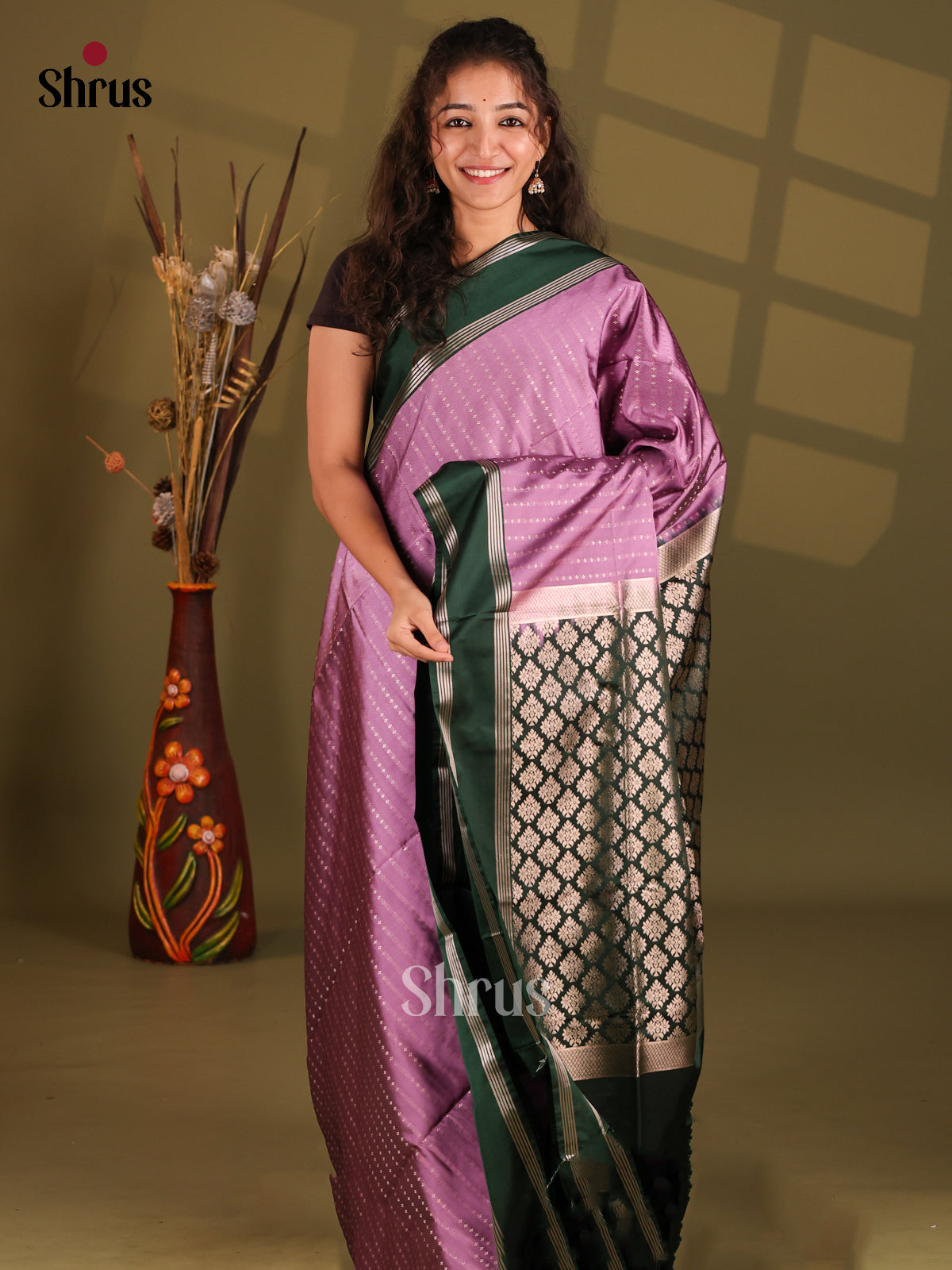 Lavender & Green - Semi Softsilk Saree - Shop on Shrus.com