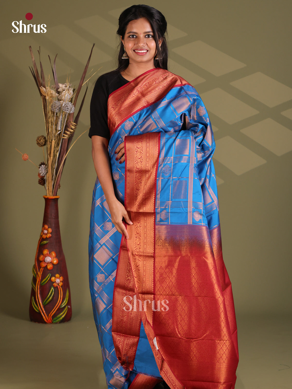 Blue & Red - Semi Kanchipuram Saree - Shop on Shrus.com