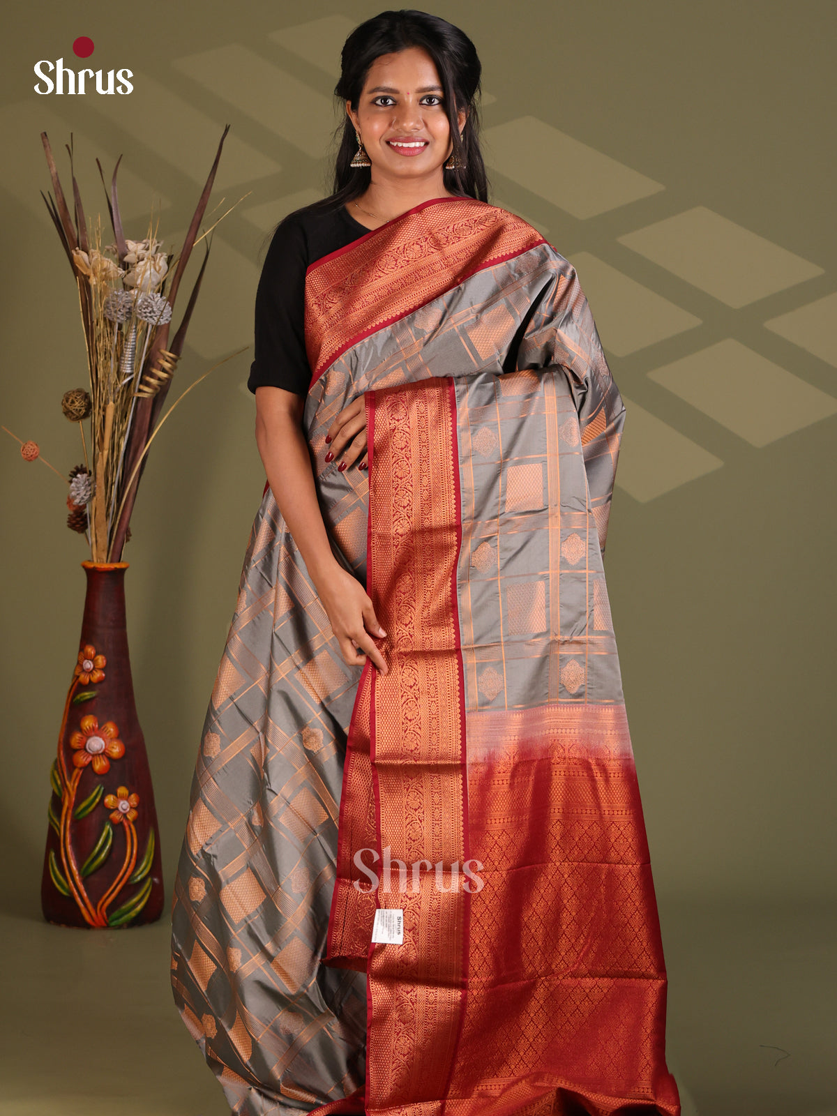 Grey & Red - Semi Kanchipuram Saree - Shop on Shrus.com