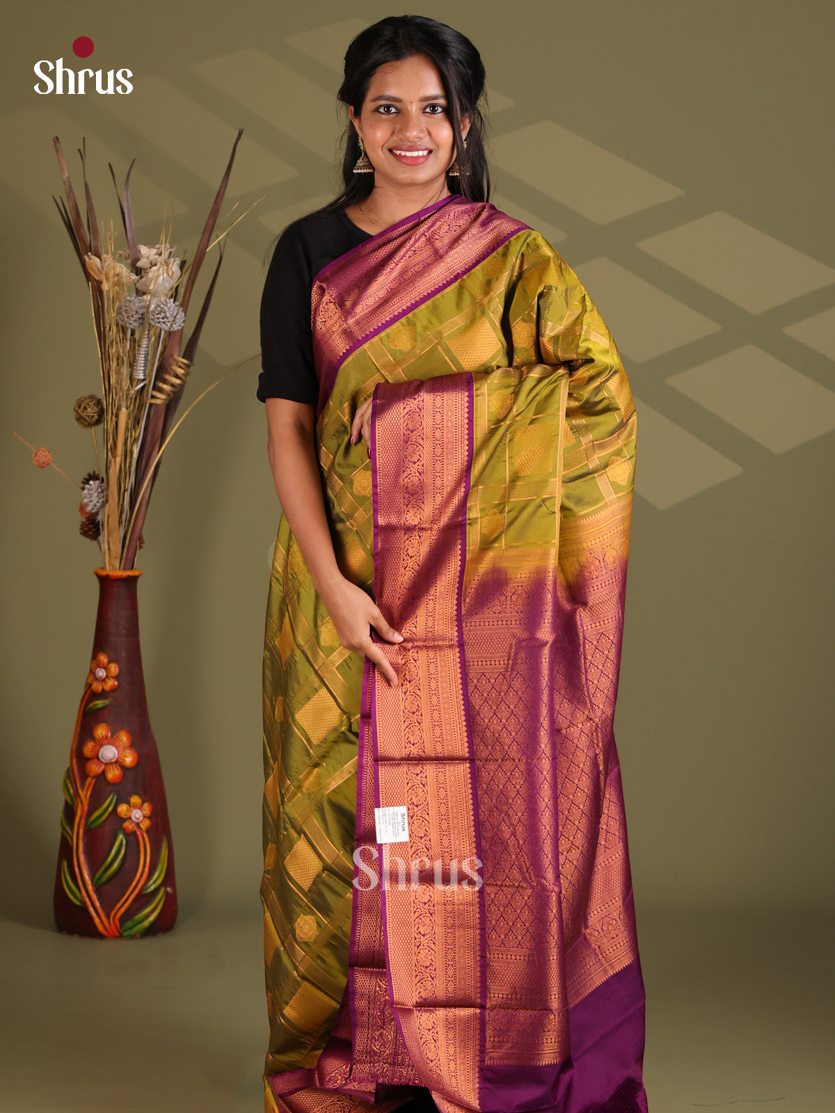 Green & Purple - Semi Kanchipuram Saree - Shop on Shrus.com
