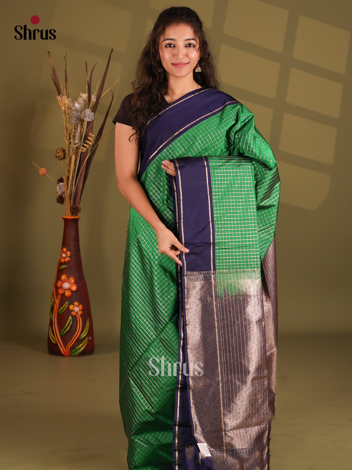 Green & Blue - Semi Softsilk Saree - Shop on Shrus.com