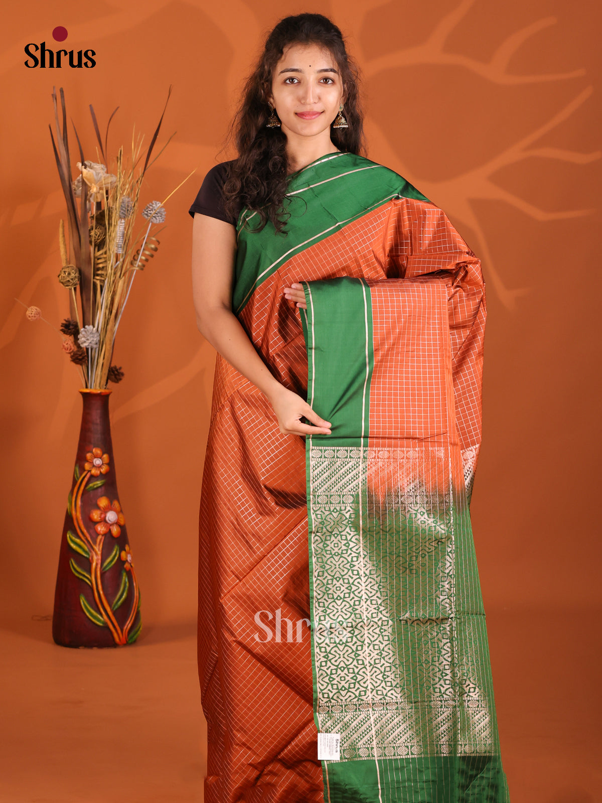 Rust & Green - Semi Softsilk Saree - Shop on Shrus.com
