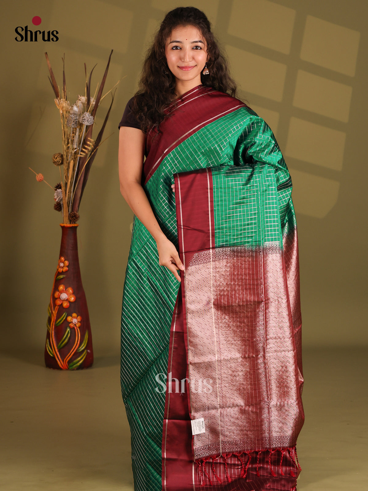 Green & Maroon - Semi Softsilk Saree - Shop on Shrus.com