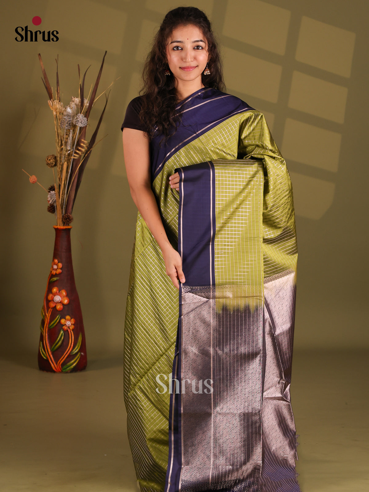 Olive Green & Blue- Semi Softsilk Saree - Shop on Shrus.com