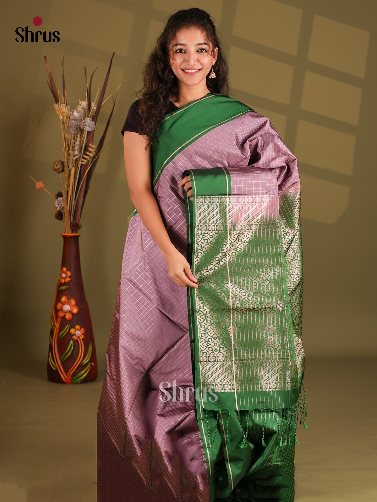 Dark Lavender & Green - Semi Softsilk Saree - Shop on Shrus.com