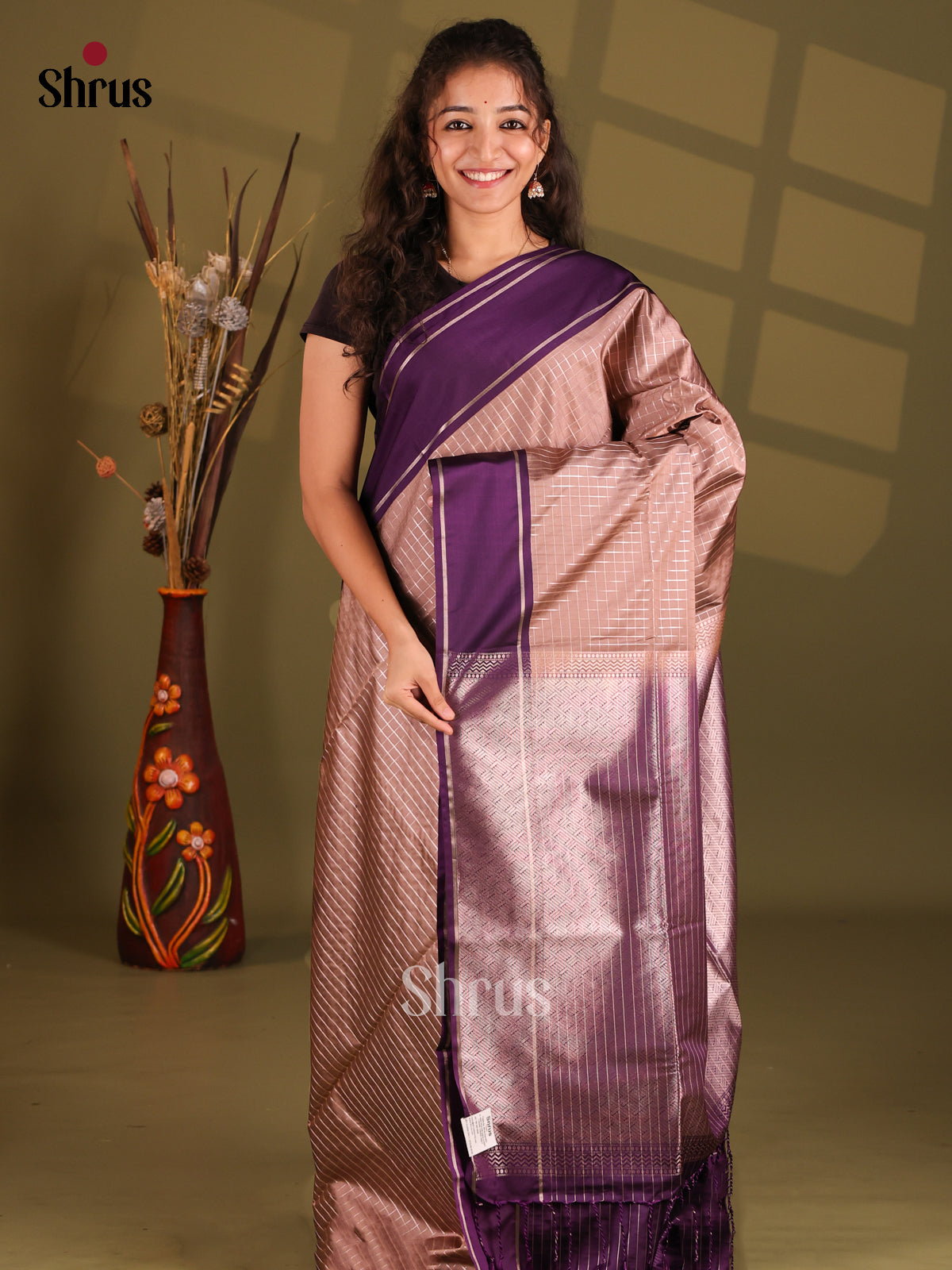 Dusty Brown & Violet - Semi Softsilk Saree - Shop on Shrus.com