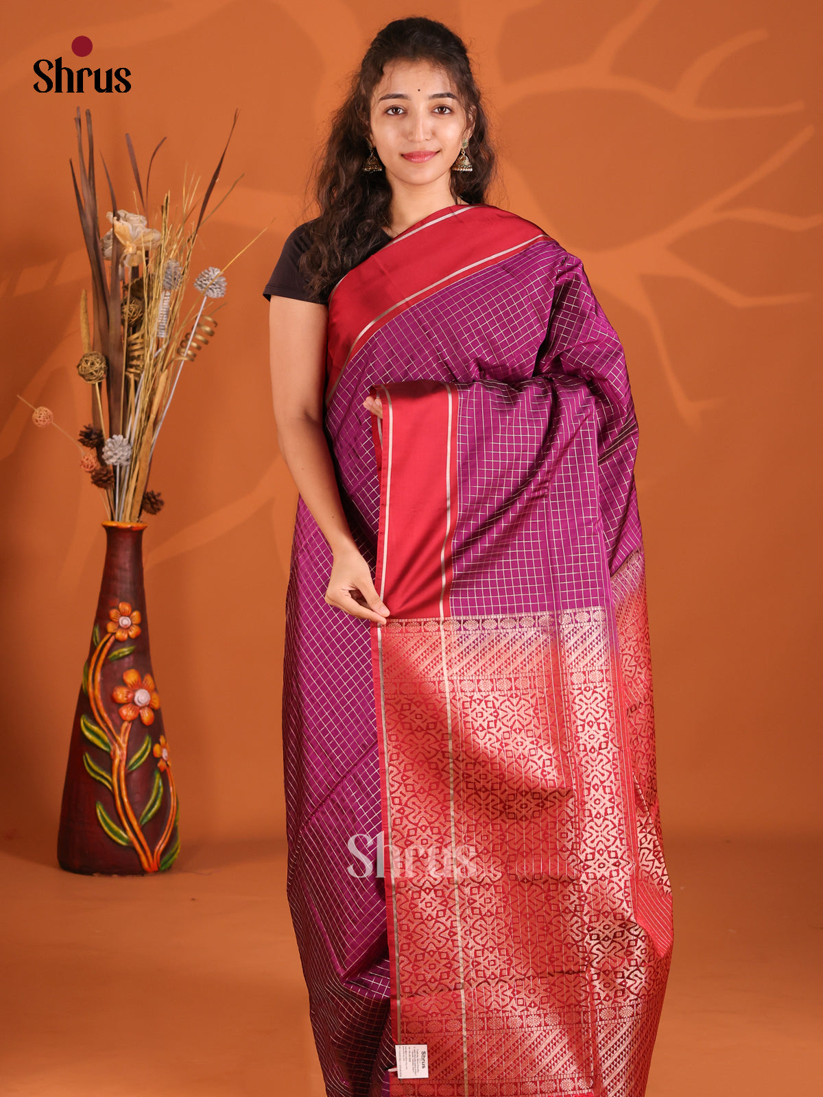 Violet & Red- Semi Softsilk Saree - Shop on Shrus.com
