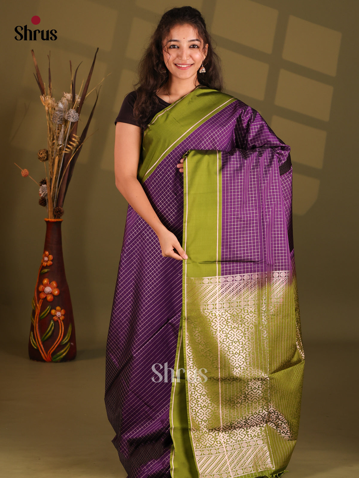 Violet & Green - Semi Softsilk Saree - Shop on Shrus.com