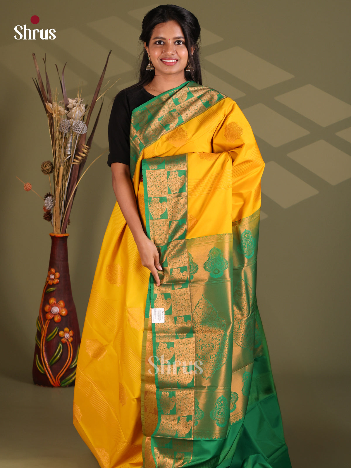 Yellow & Green - Semi Kanchipuram Saree - Shop on Shrus.com