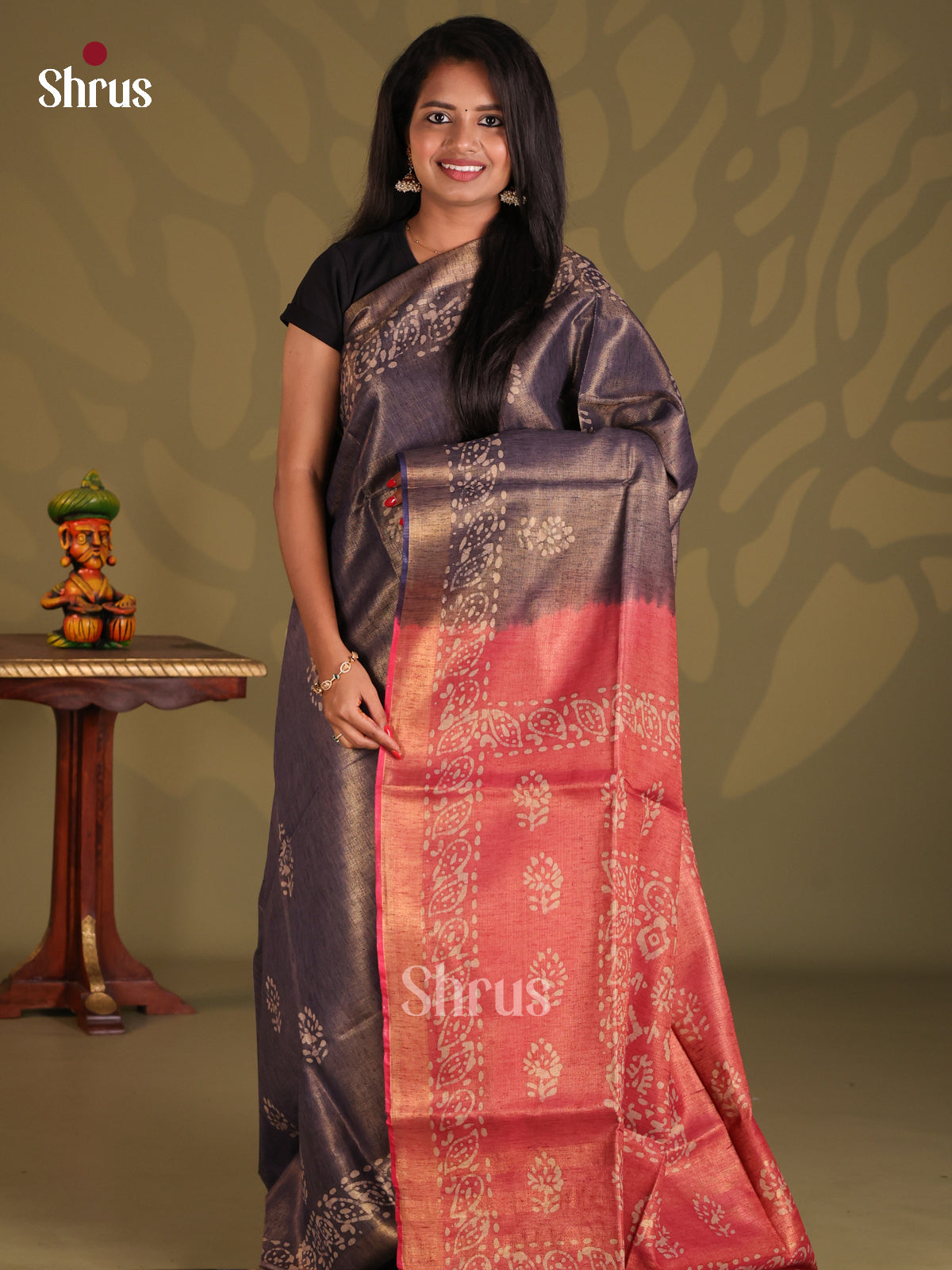 Blue & Orangish Pink- Bhatik Saree - Shop on Shrus.com