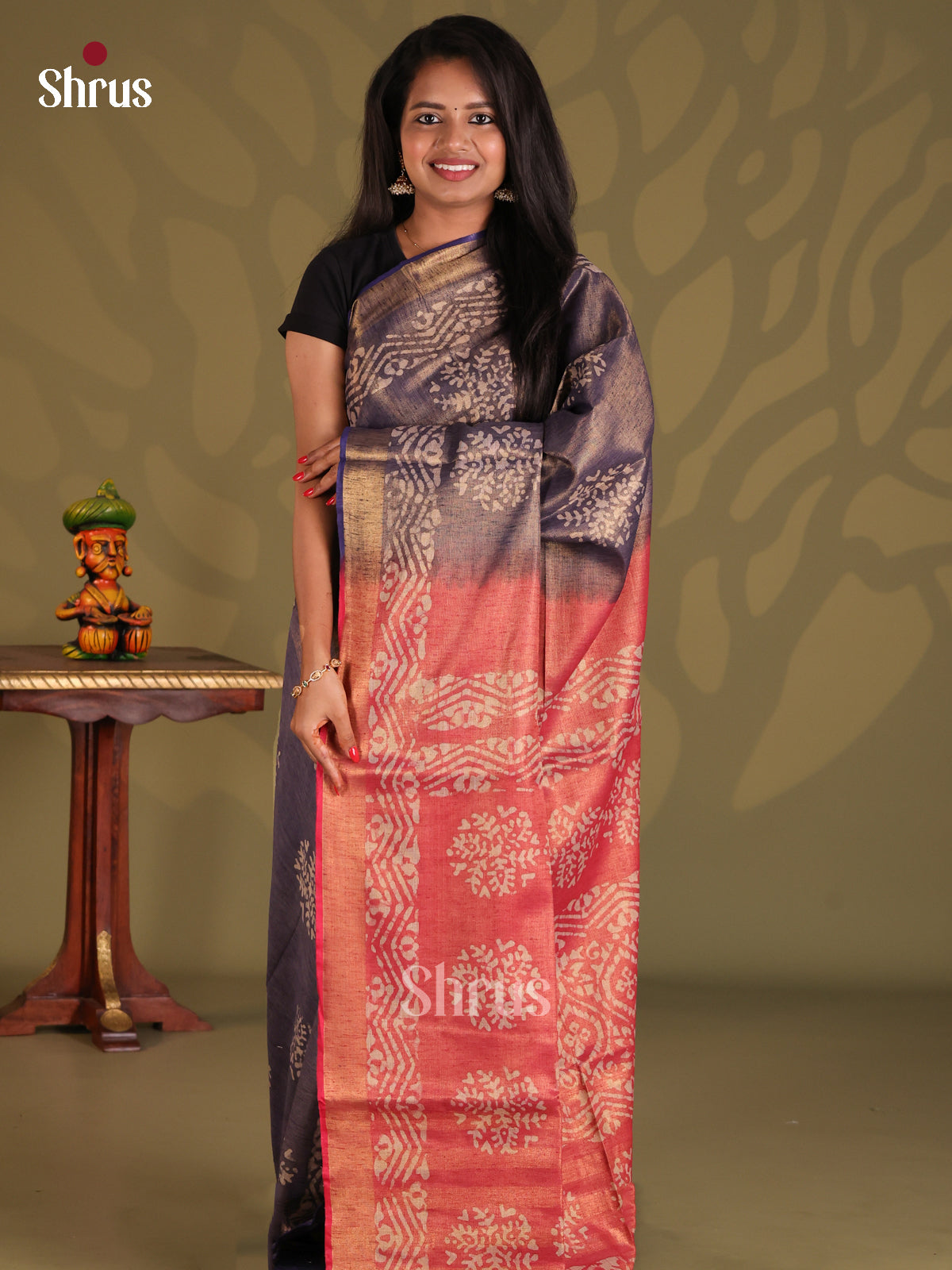Blue & Orangish Pink- Bhatik Saree - Shop on Shrus.com