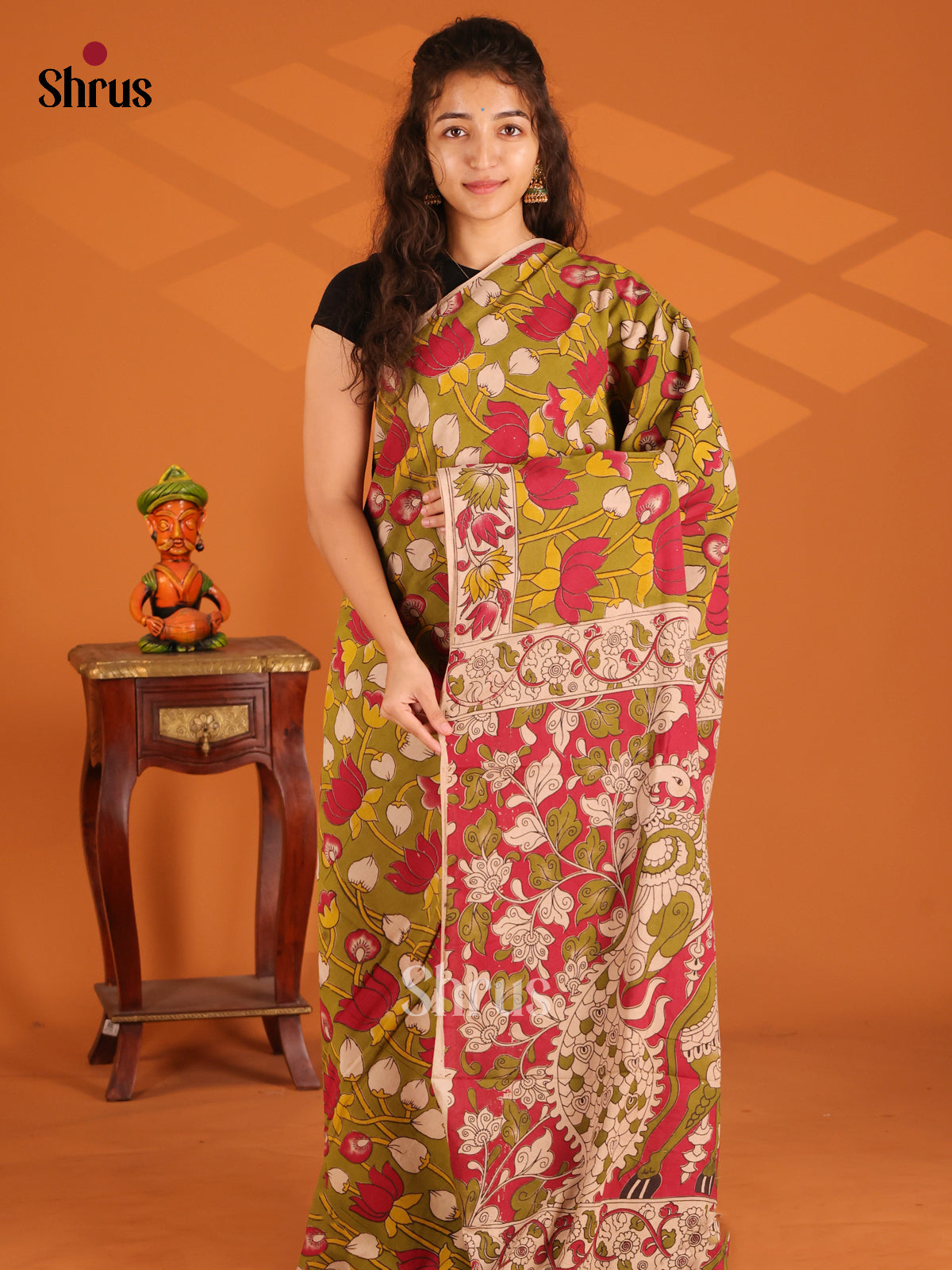 Green & Red- Kalamkari cotton saree - Shop on Shrus.com