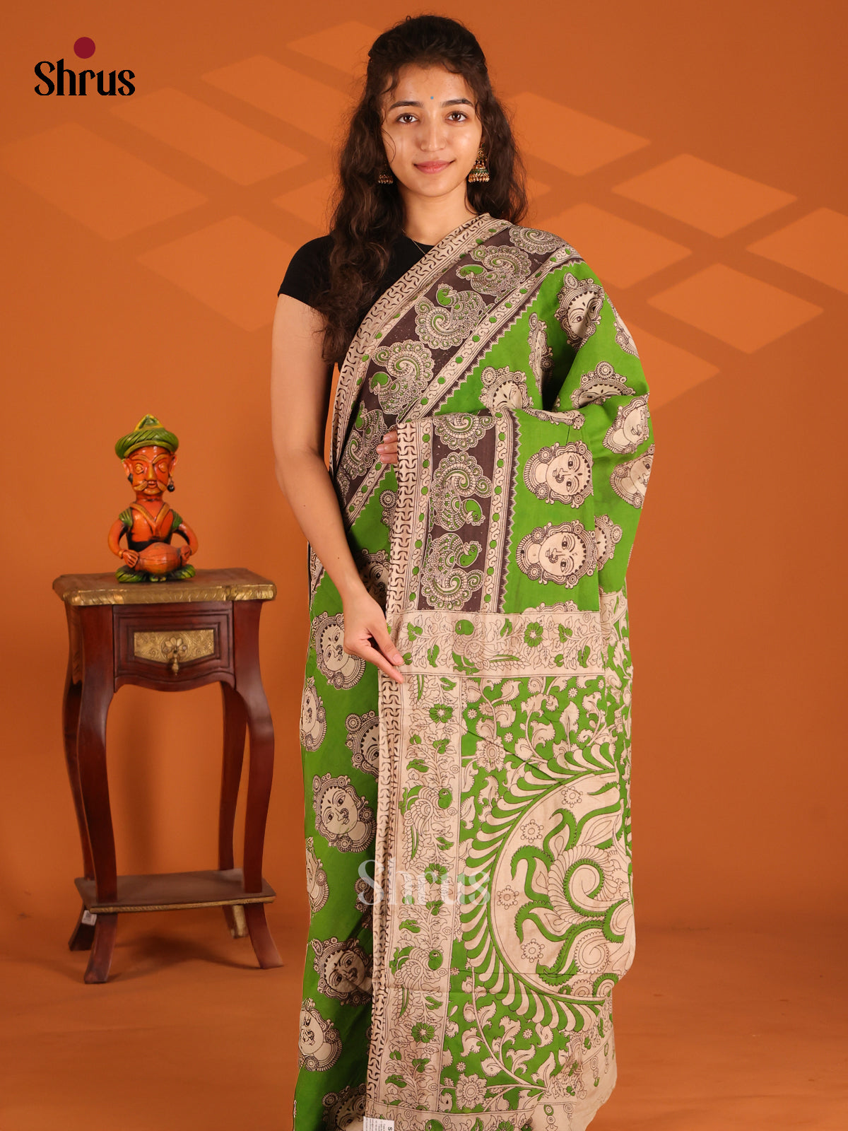Green & Black - Kalamkari cotton saree - Shop on Shrus.com