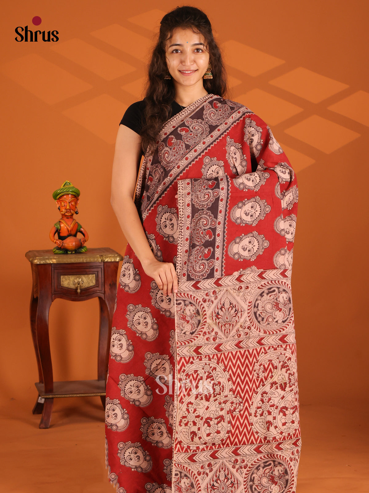 Red & Cream - Kalamkari cotton saree - Shop on Shrus.com