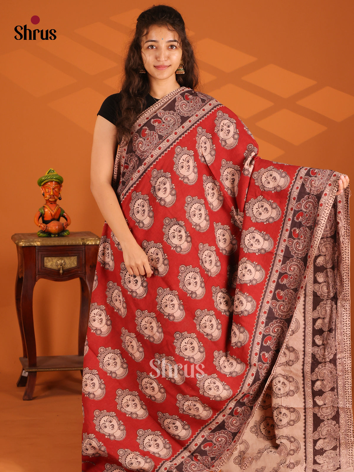 Red & Cream - Kalamkari cotton saree - Shop on Shrus.com
