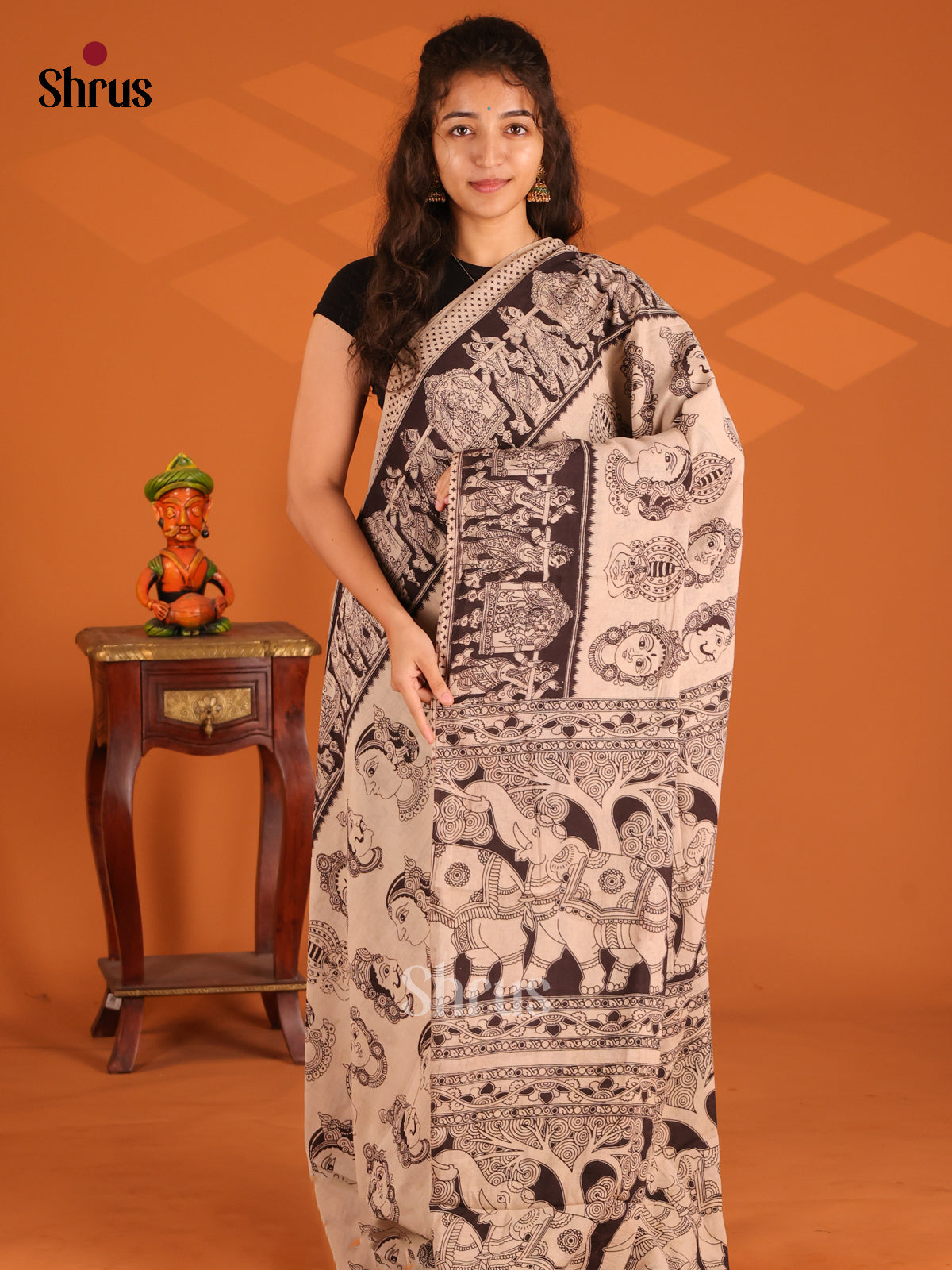 Cream & Black- Kalamkari cotton saree - Shop on Shrus.com