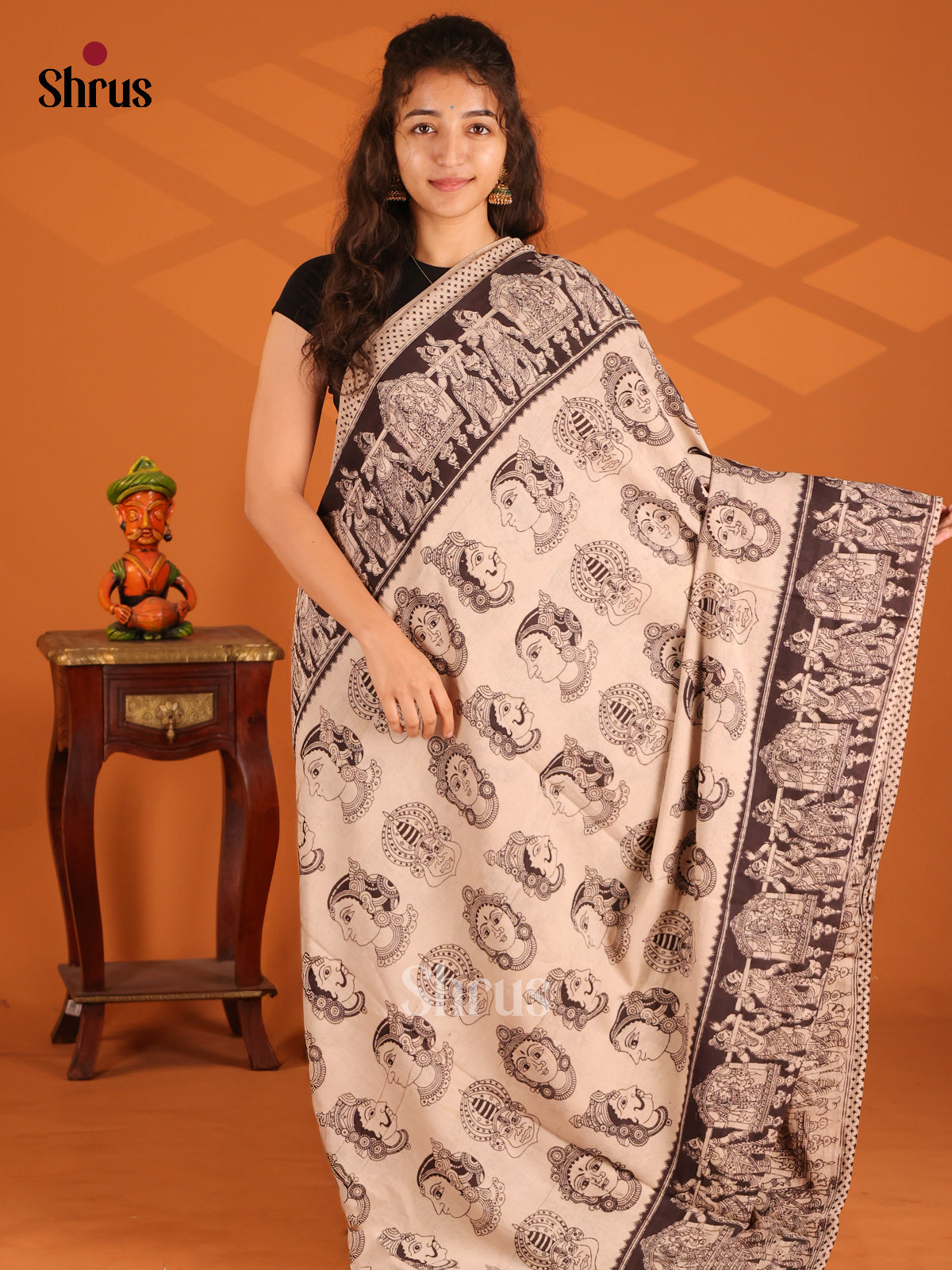Cream & Black- Kalamkari cotton saree - Shop on Shrus.com