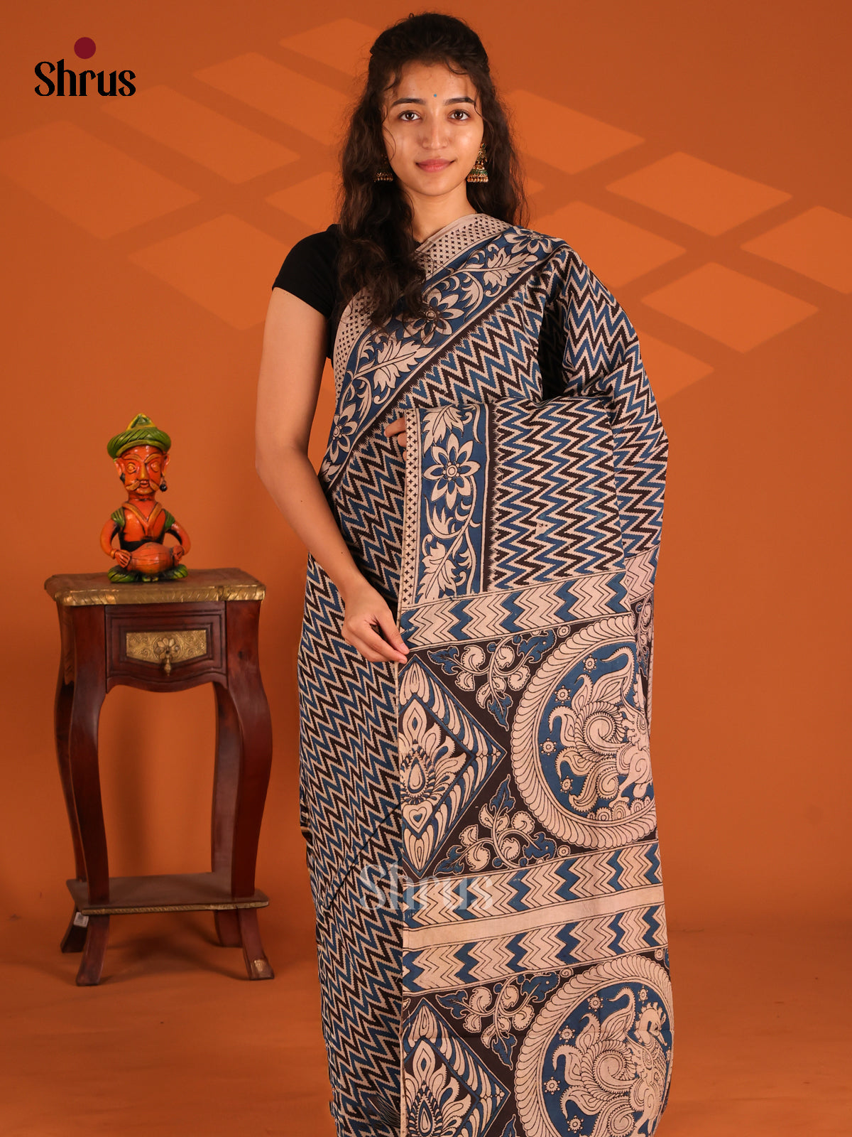 Cream & Blue - Kalamkari cotton saree - Shop on Shrus.com