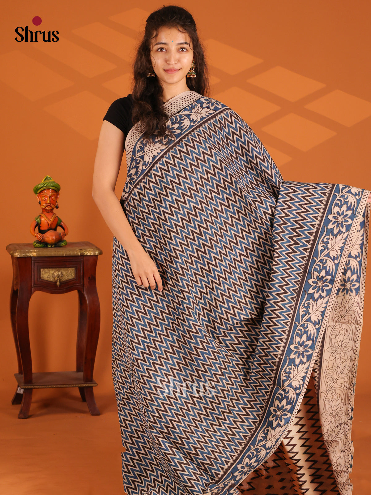 Cream & Blue - Kalamkari cotton saree - Shop on Shrus.com