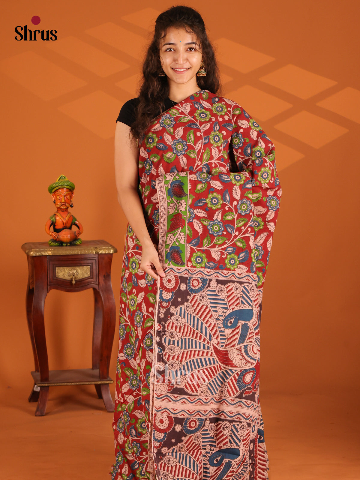 Red with Green - Kalamkari cotton saree - Shop on Shrus.com