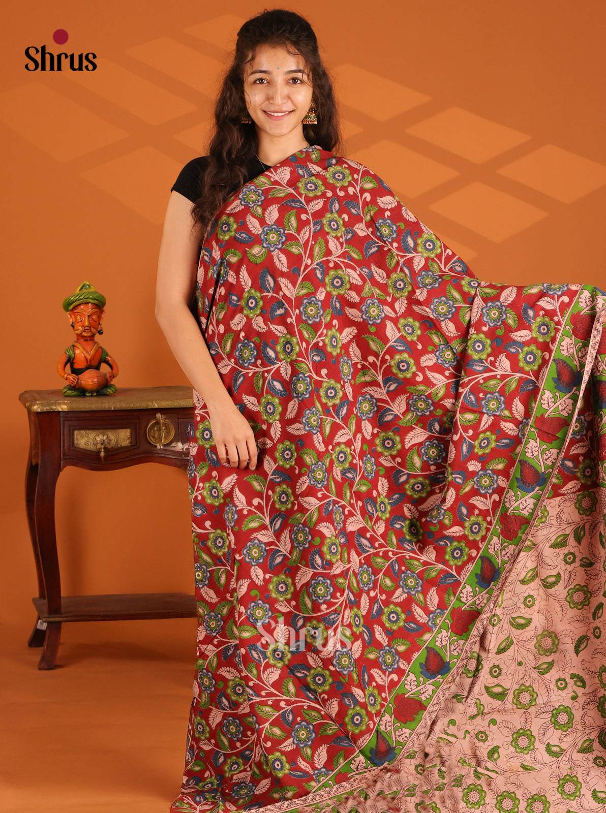 Red with Green - Kalamkari cotton saree - Shop on Shrus.com